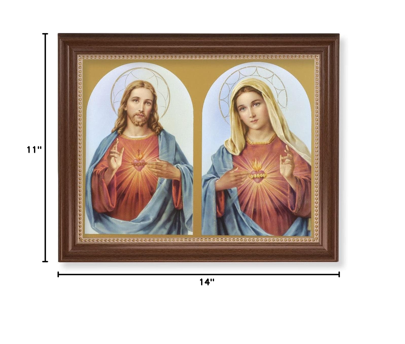 Sacred Hearts Framed Wall Art - Extra Large Classic Dark Walnut Wood Picture Frame with Gold Beaded Trim - Perfect for Home Decor, Church Altar, or Spiritual Gift