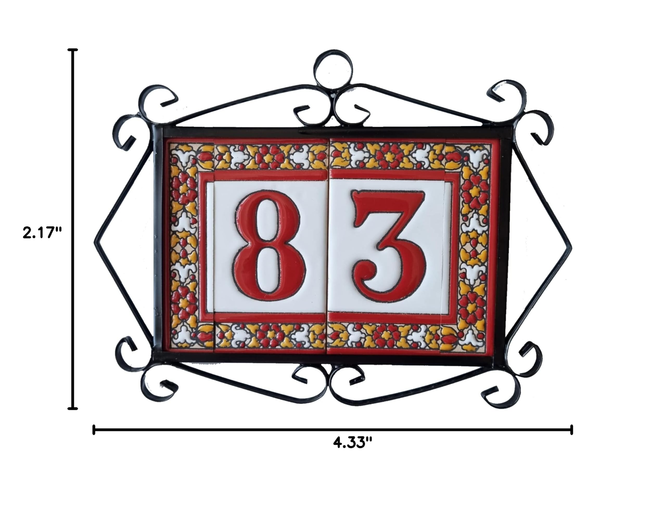 11 cm x 5.5 cm Spanish Red Floral Ceramic Number Tiles with Optional Metal Filigree Frames (8-Piece Set) - Perfect for House Address Signs, DIY Home Decor, and Wedding Table Numbers