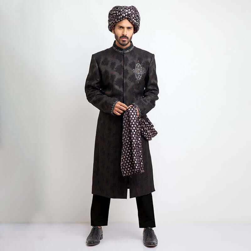 Elegant Black Jacquard Sherwani with Zardozi Embroidery - Slim Fit Indian Wedding Sherwani for Men | Perfect for Groom Outfits, Festive Celebrations & Special Occasions