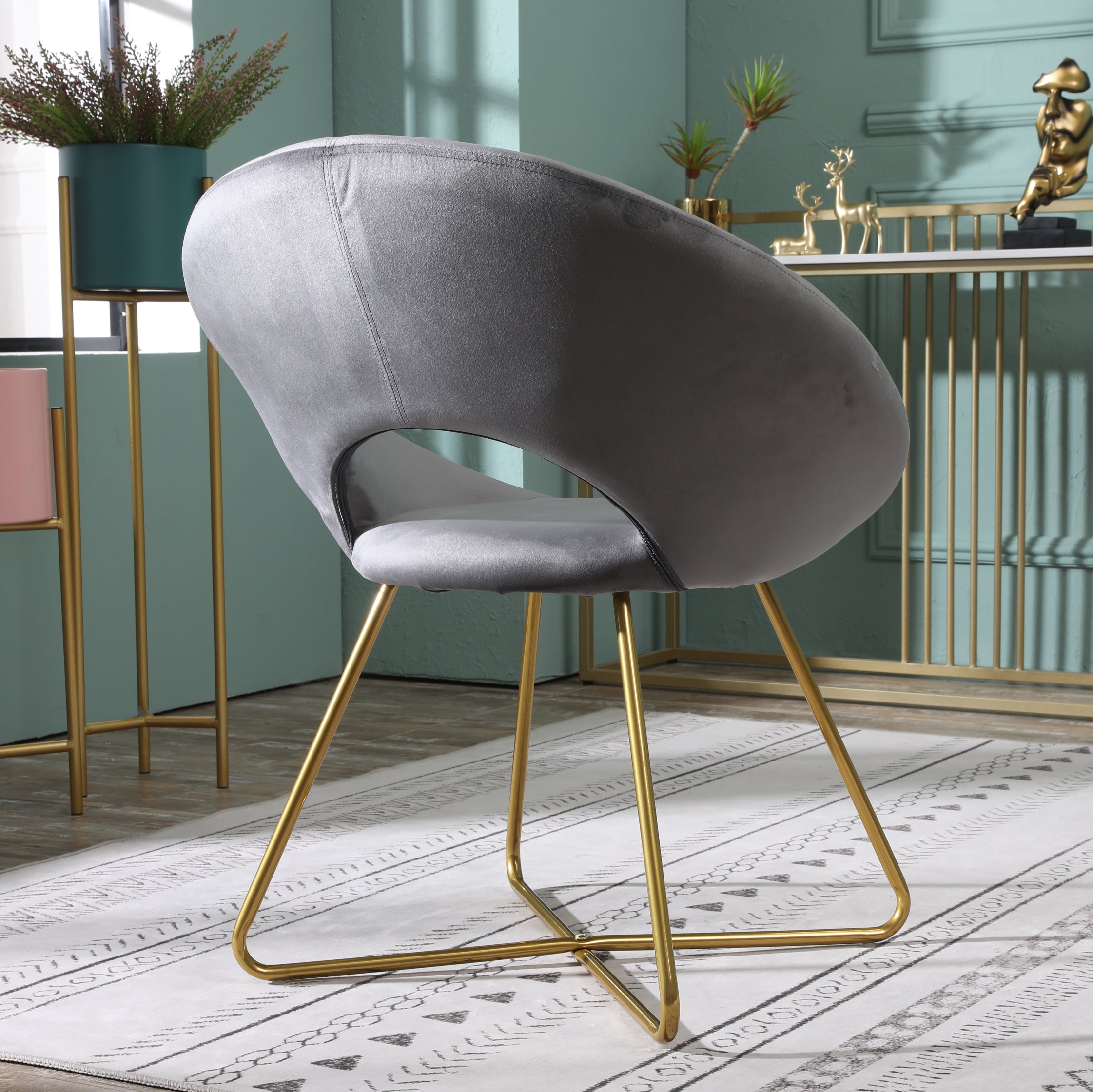 Roundhill Furniture Slatina Silky Velvet Upholstered Accent Chair - Gray Velvet with Gold Tone Metal Base - Modern Living Room, Bedroom, or Office Seating for Home Decor