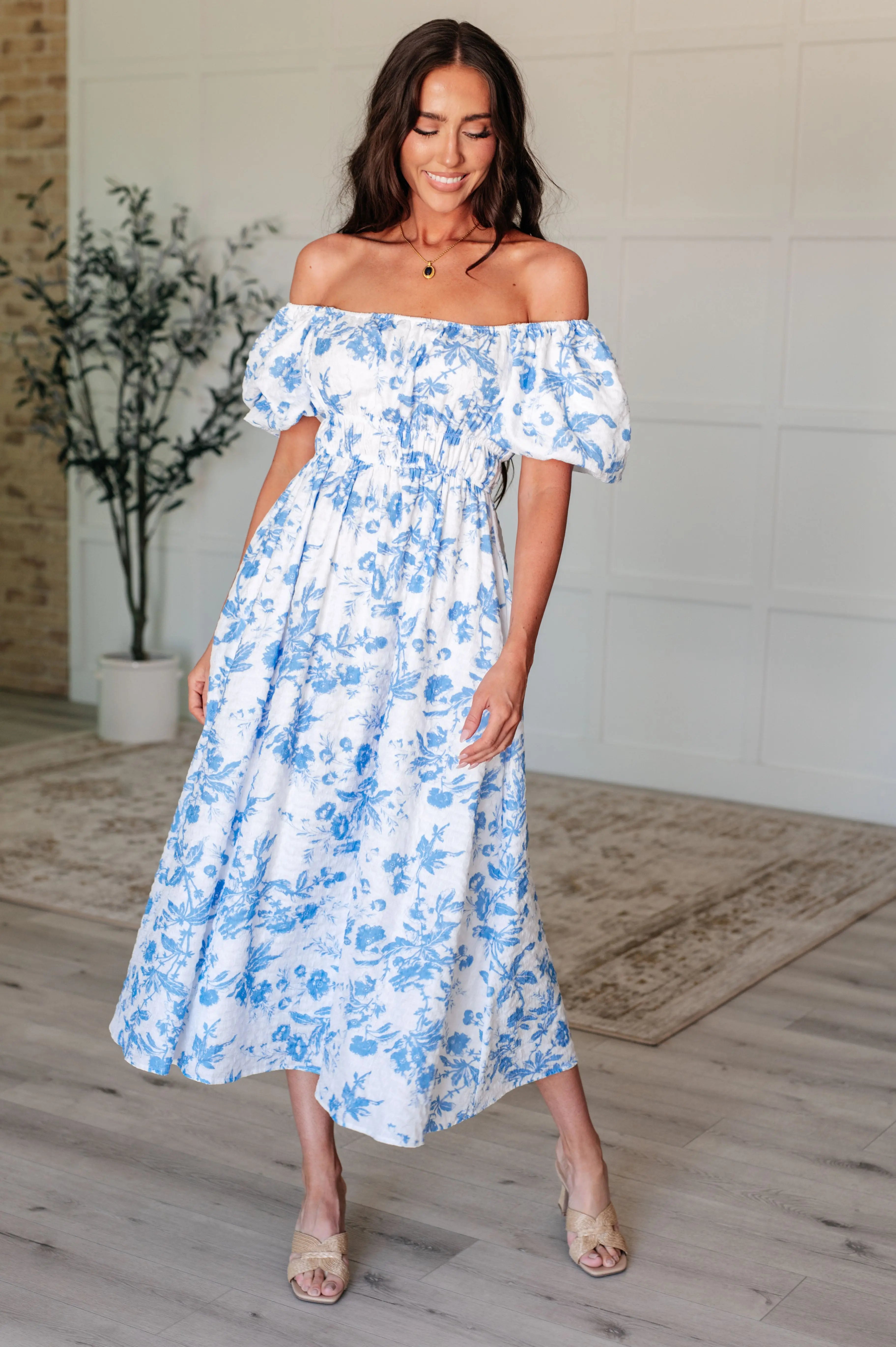 Blue Floral Square Neck Dress for Women - Elegant Summer Midi Dress for Casual Outings, Beach Vacations & Date Nights