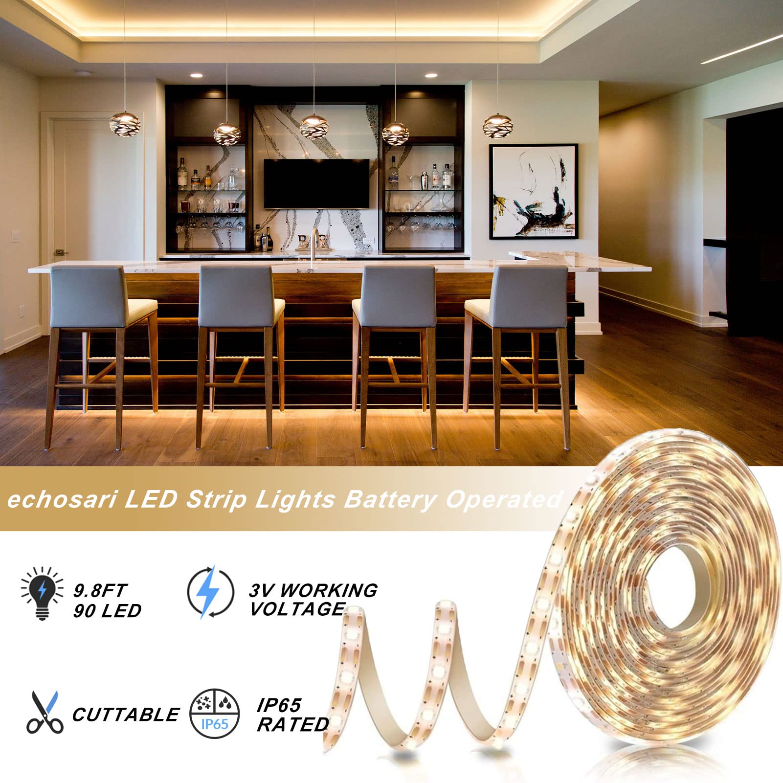 Echosari 9.8FT Battery Powered LED Strip Lights - Warm White, 8 Lighting Modes, Dimmable, Timer, Self-Adhesive, Cuttable, Waterproof (90 LEDs) for TV Backlight, Kitchen Cupboard, Bedroom, Home Decor & Party Lighting