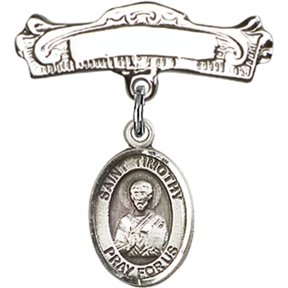 Sterling Silver Baby Badge with St. Timothy Charm - Arched Polished Pin 7/8