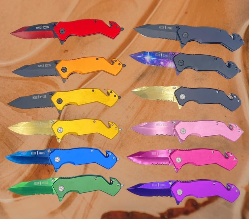 Blue Steel Personalized Laser Engraved Pocket Knife - 3-in-1 Tactical Knife with Seatbelt Cutter | Emergency Escape Tool for Survival & Outdoor Adventures | Custom Engraved Gift for Men | Perfect for Camping, Hiking, and Car Safety