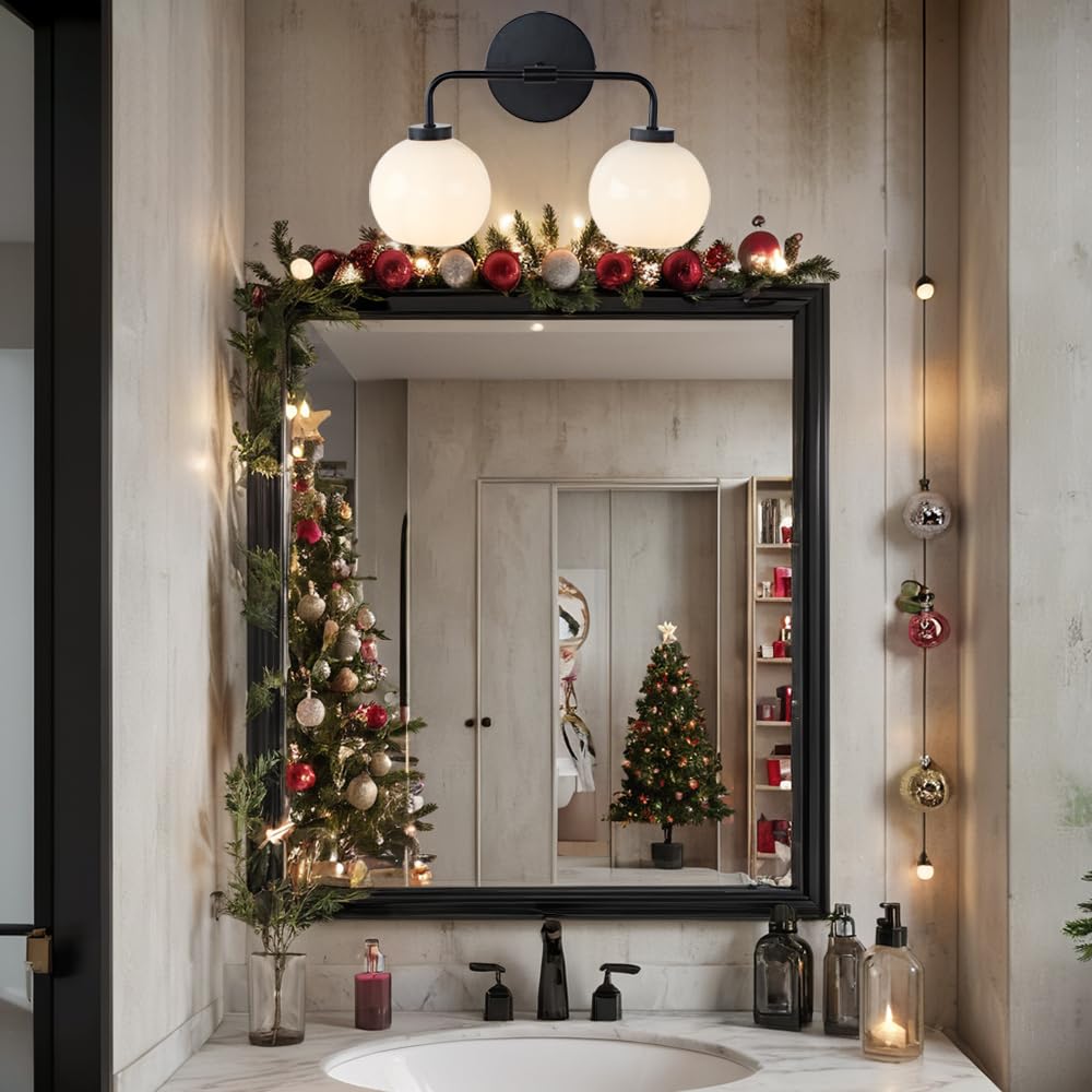 17 Inch Modern Glass Globe Double Sconce Wall Light - Matte Black Metal Finish with Hand-Polished Milky Glass Shade - Elegant Vanity Lighting for Bedroom, Bathroom & Over Mirror - Perfect for Indoor Home Decor & Ambient Lighting