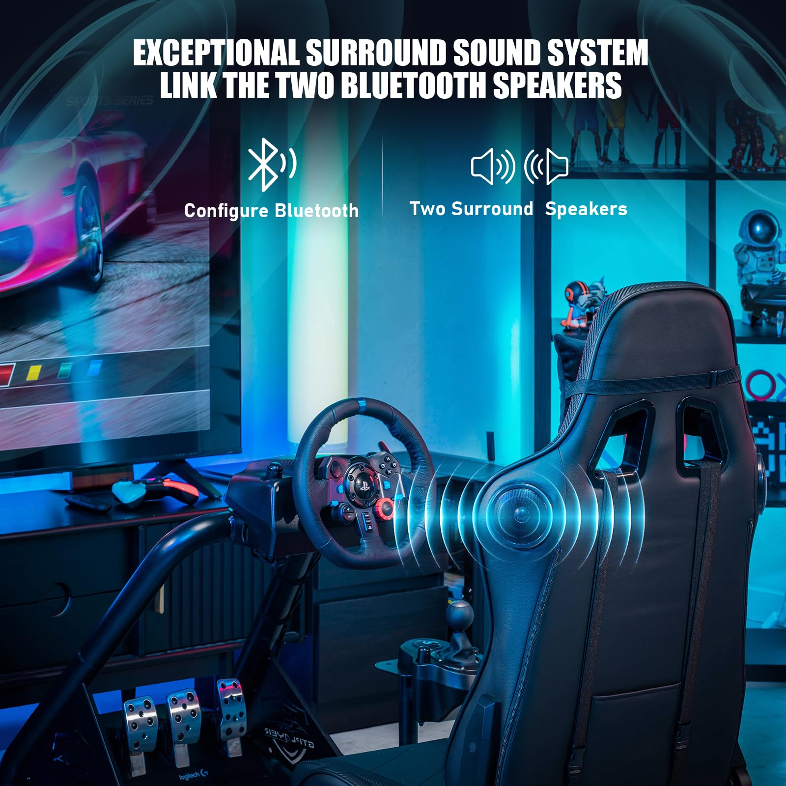 GTPLAYER Racing Simulator Cockpit with Adjustable Seat & Bluetooth Speakers - Ultra-Sturdy Alloy Steel Frame for Realistic Driving Experience - Perfect for PC/PS4/PS5/Xbox Racing Games & Home Entertainment Setup (Black)