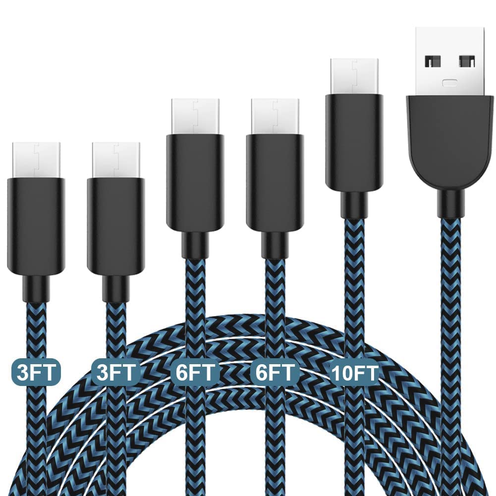 5-Pack (3/3/6/6/10FT) Fast Charging 3A USB-C to USB-A Cables - Rapid Charger Quick Cord for Samsung Galaxy S10/S9/S8 Plus, Note 10/9/8, LG V50/V40/G8/G7 - Perfect for Home, Office & Travel (Blue)
