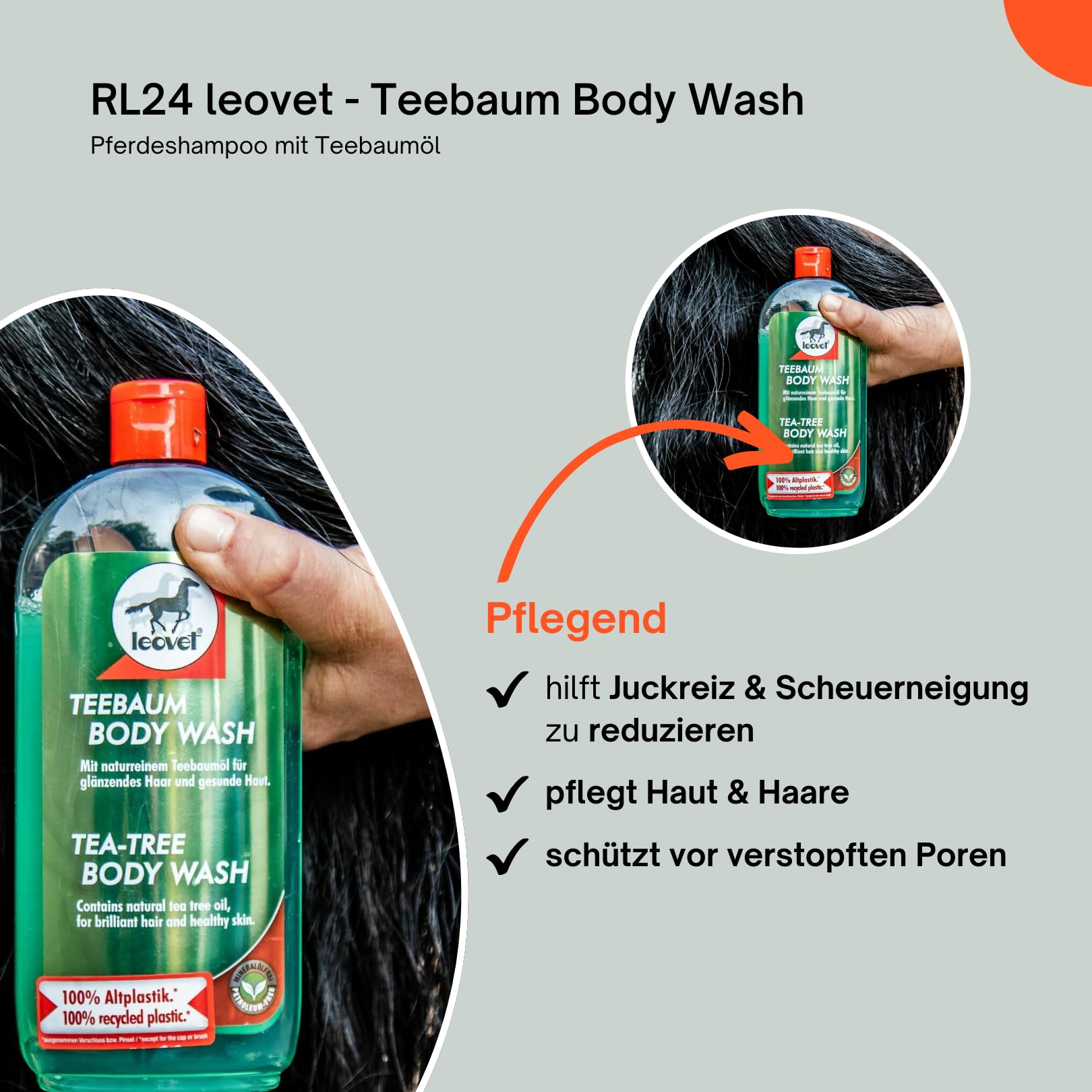 RL24 Leovet Tea Tree Body Wash for Horses - Soothes Itching & Skin Irritation - Natural Horse Shampoo with Tea Tree Oil - Nourishes Skin & Coat - 2 x 500ml Bottles (2-Pack) - Ideal for Grooming, Show Prep & Daily Horse Care
