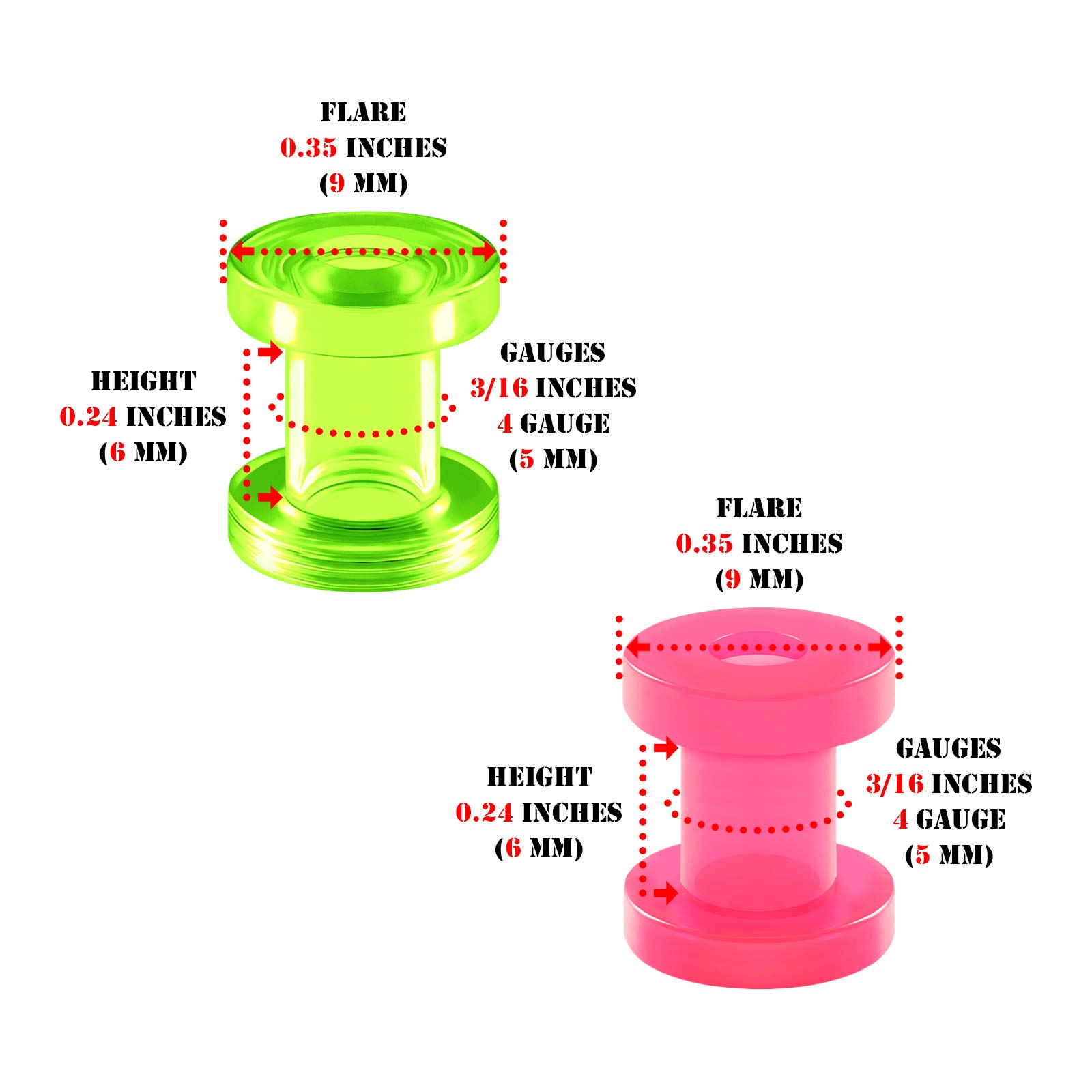 2 Pairs Acrylic Screw-Fit Flesh Tunnels - Green, Purple, Pink Ear Stretching Jewelry for Gauged Ears | Perfect for Ear Lobe Plugs, Body Piercing & Alternative Fashion Styles