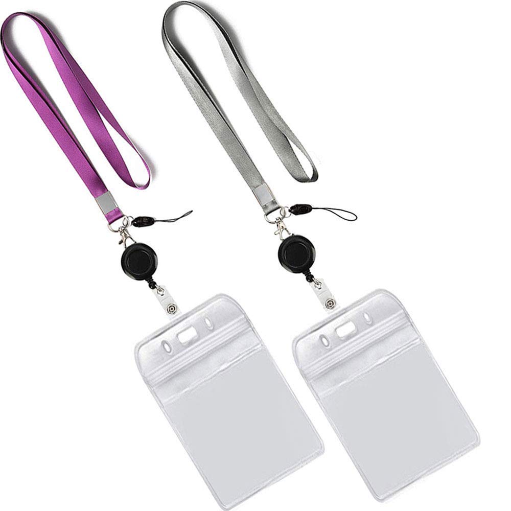 2 Packs Retractable ID Badge Holder with Lanyard - Vertical Clear PVC Card Holder, Waterproof Resealable Zipper (Purple/Gray) - Perfect for Office, School, Events & Security Access Control