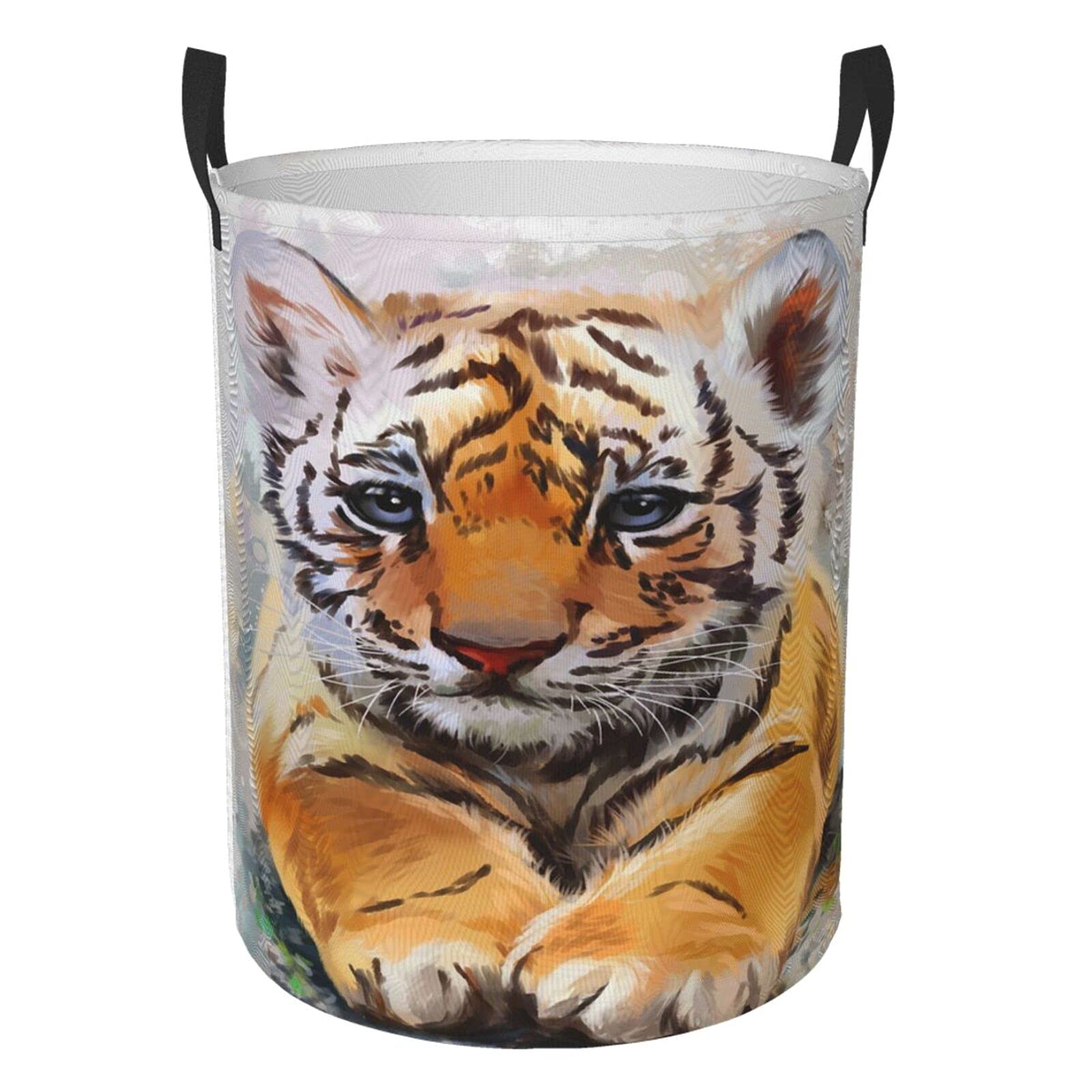 FeHuew Collapsible Laundry Basket with Handle - Large Waterproof Fabric Hamper for Clothes, Toys & Storage - Foldable Organizer Bin for Bedroom, Bathroom & Dorm Room (Cute Tiger Watercolor Design)