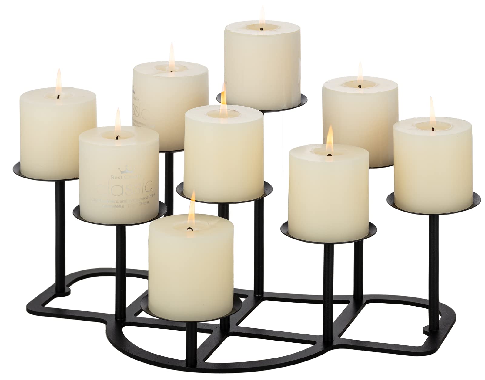 LANLONG 9-Branch Black Iron Candelabra for Pillar Candles - Elegant Fireplace Candle Holder, Table Centerpiece & Floor Decor for Christmas, Advent, Wedding & Home Decoration