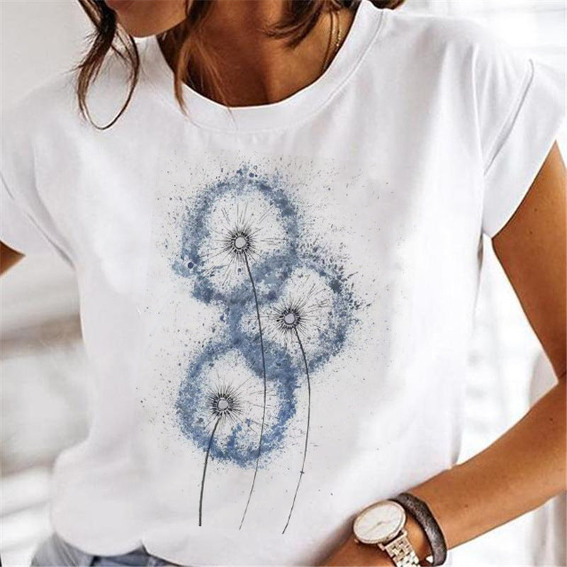 Women's Dandelion Print Cartoon T-Shirt - Fashion Casual Short Sleeve Tee for Women - Perfect for Summer Outfits, Streetwear & Graphic Tee Lovers