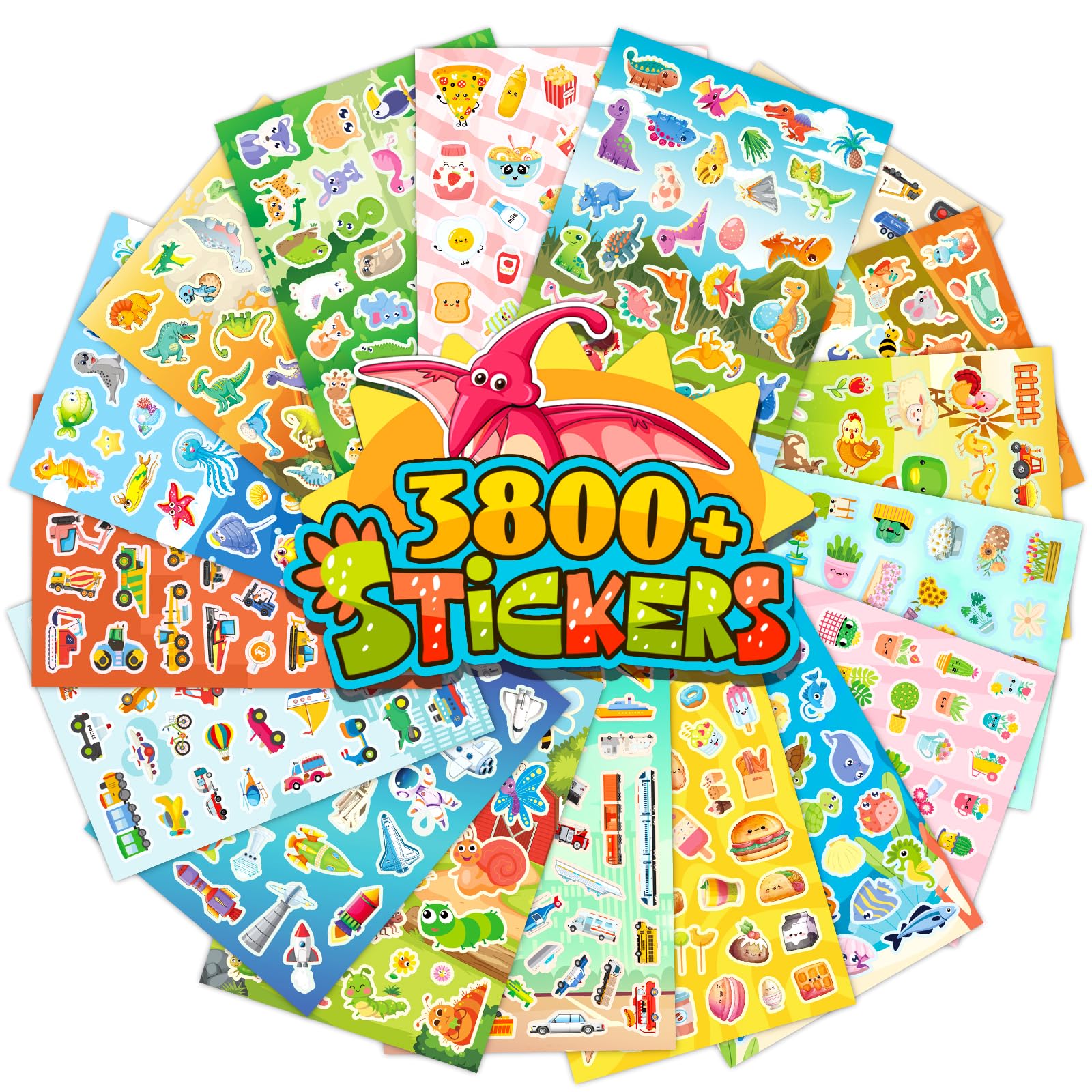 3800+ PCS Cute Stickers for Kids & Toddlers - 18 Fun Themes (Animals, Food, Dinosaurs, Cars, Plants, Space) - Bulk Stickers for School, Crafts, Scrapbooking & Reward Charts