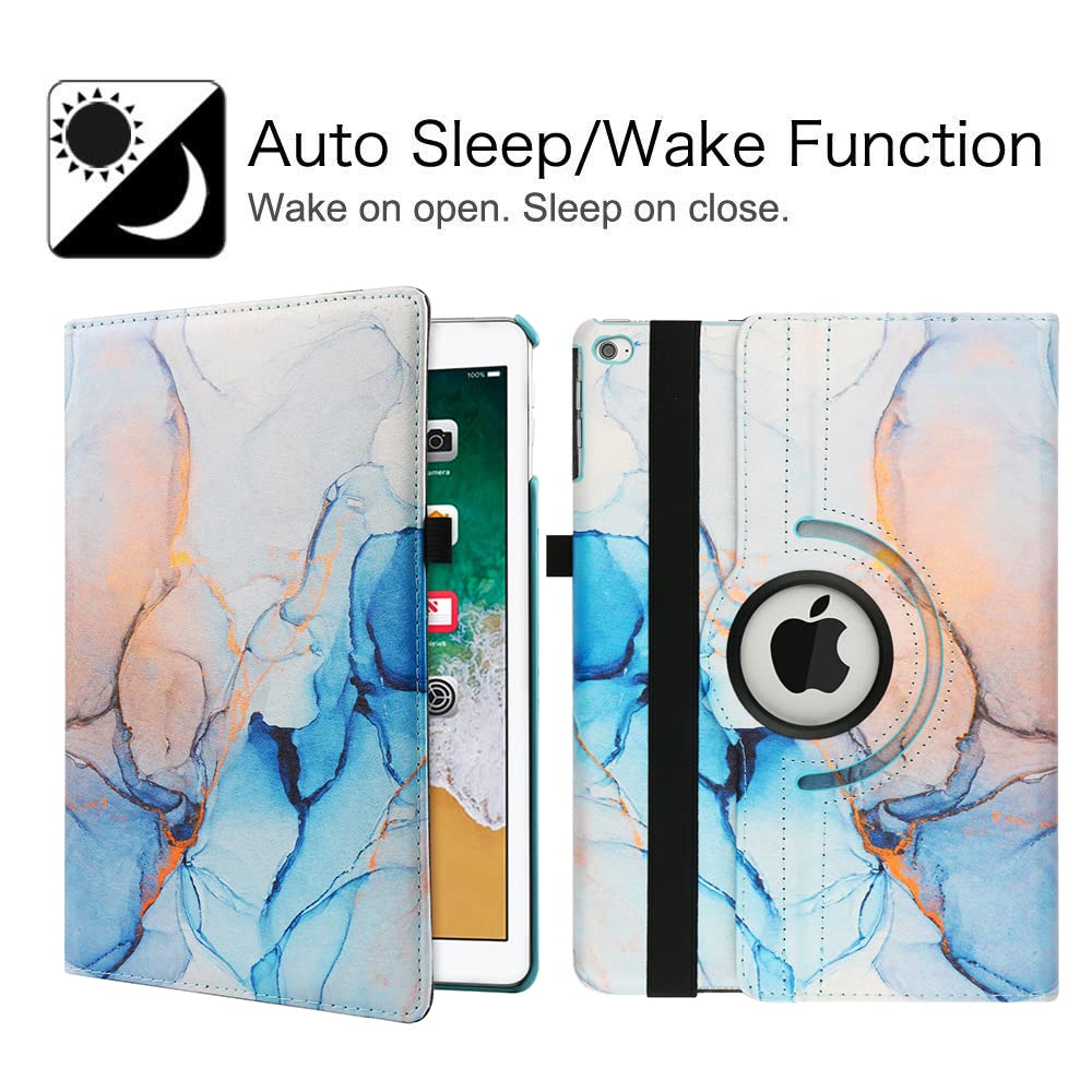 360° Rotating Stand Protective Case for iPad 9.7 inch (5th/6th Gen) & iPad Air 2 - Auto Sleep/Wake Smart Cover with Marble Blue Design | Perfect for Work, Study & Entertainment