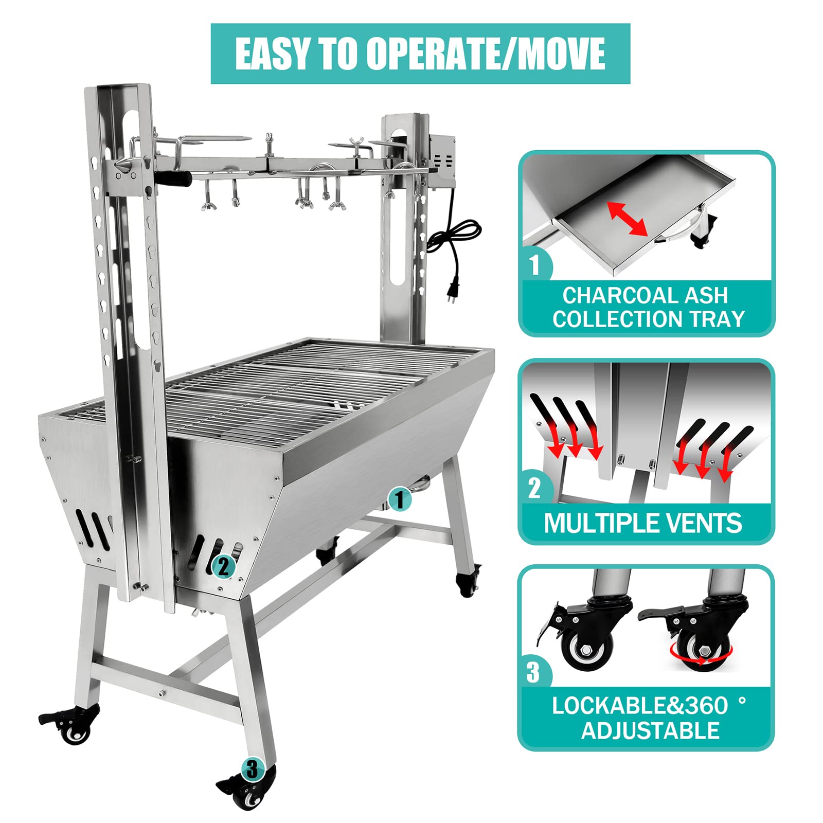 132 LBS Stainless Steel Charcoal Rotisserie Grill - 37