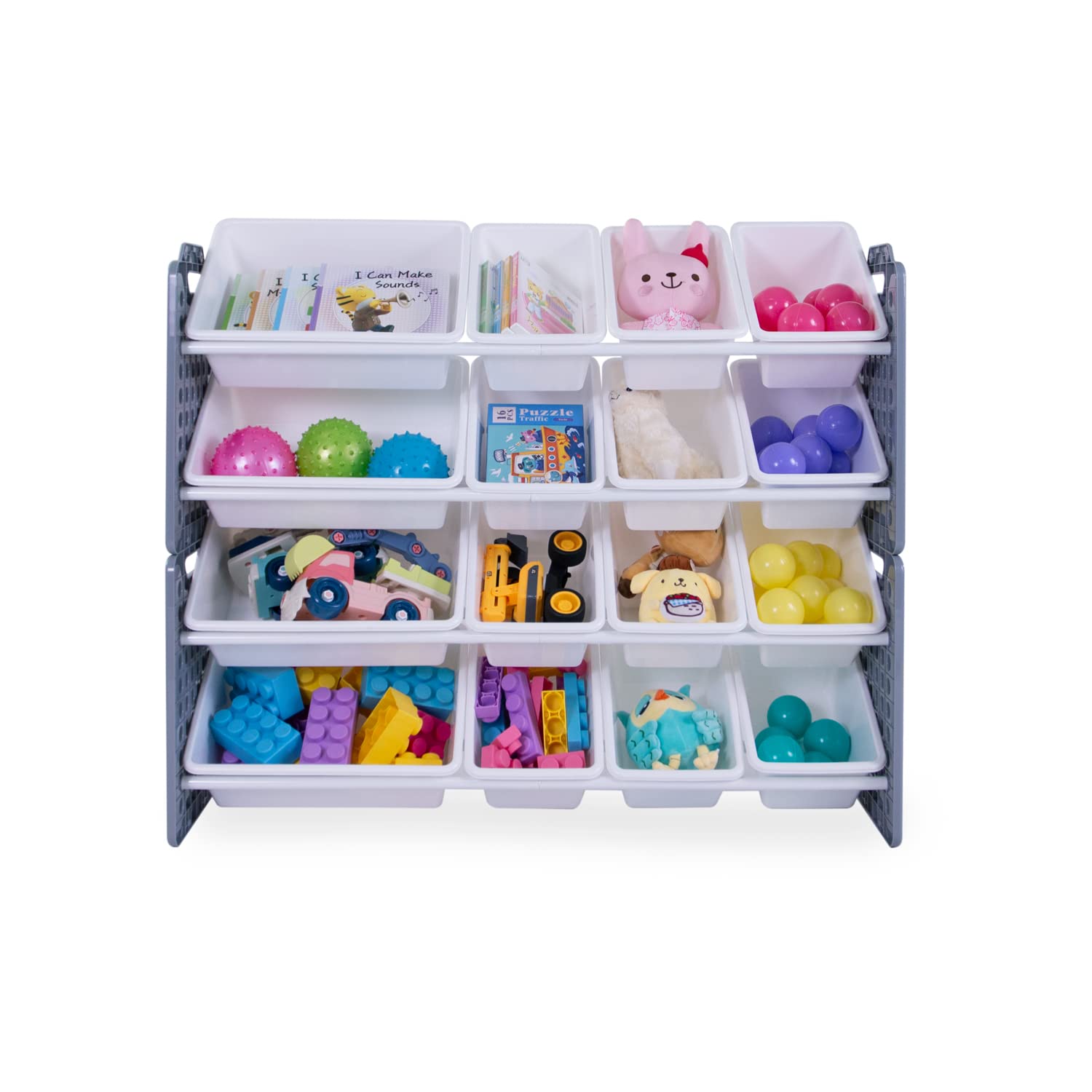 UNiPLAY 16-Bin Toy Storage Organizer with Removable Bins - Gray Kids Toy Organizer for Books, Building Blocks, School Supplies | Perfect for Playrooms, Classrooms & Daycare Centers