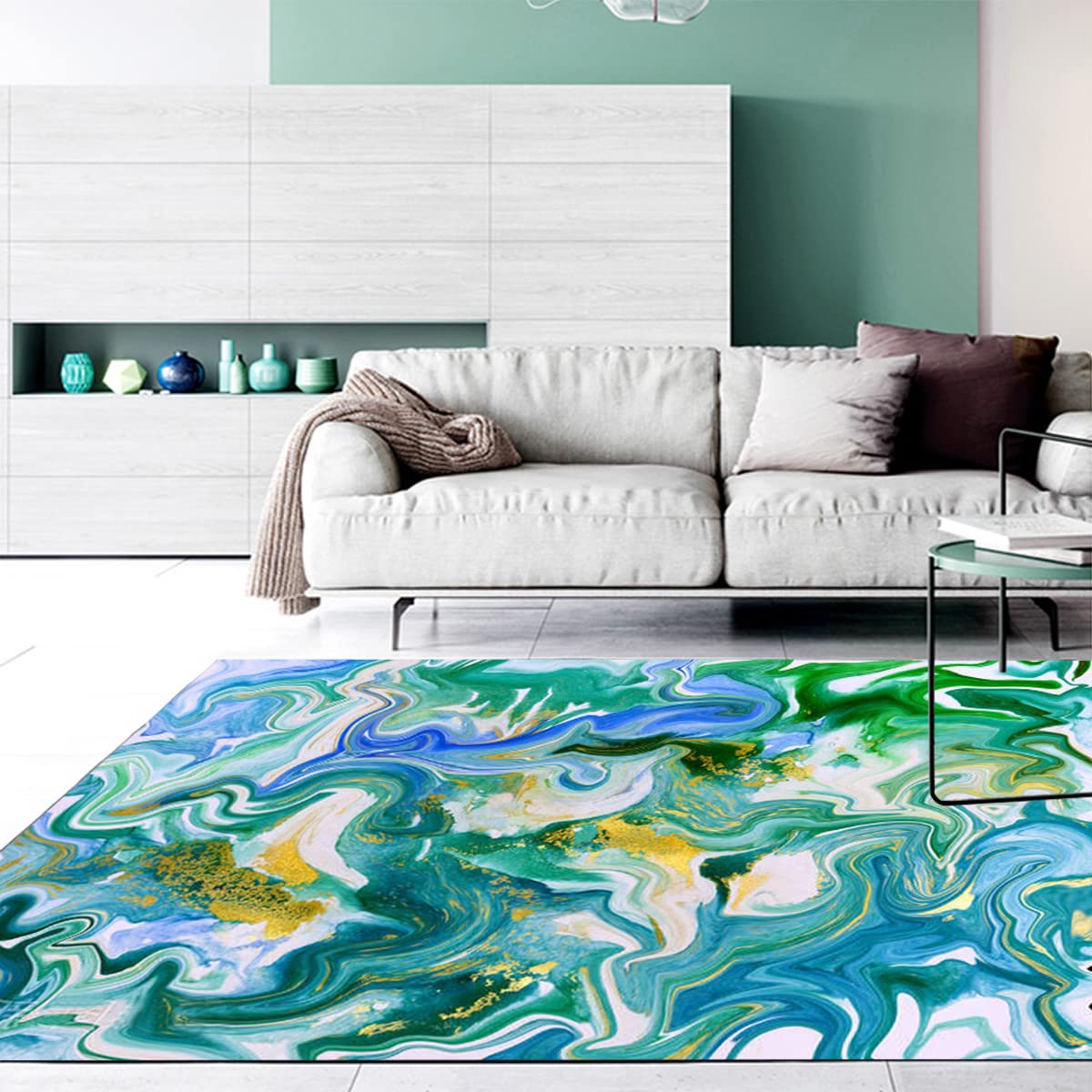 Modern Abstract Area Rug 8x10 - Blue & Yellow Liquid Swirl Pattern Non-Slip Runner Rug for Living Room, Dining Room, Bedroom - Soft Floor Decor for Home, Office & Dorm