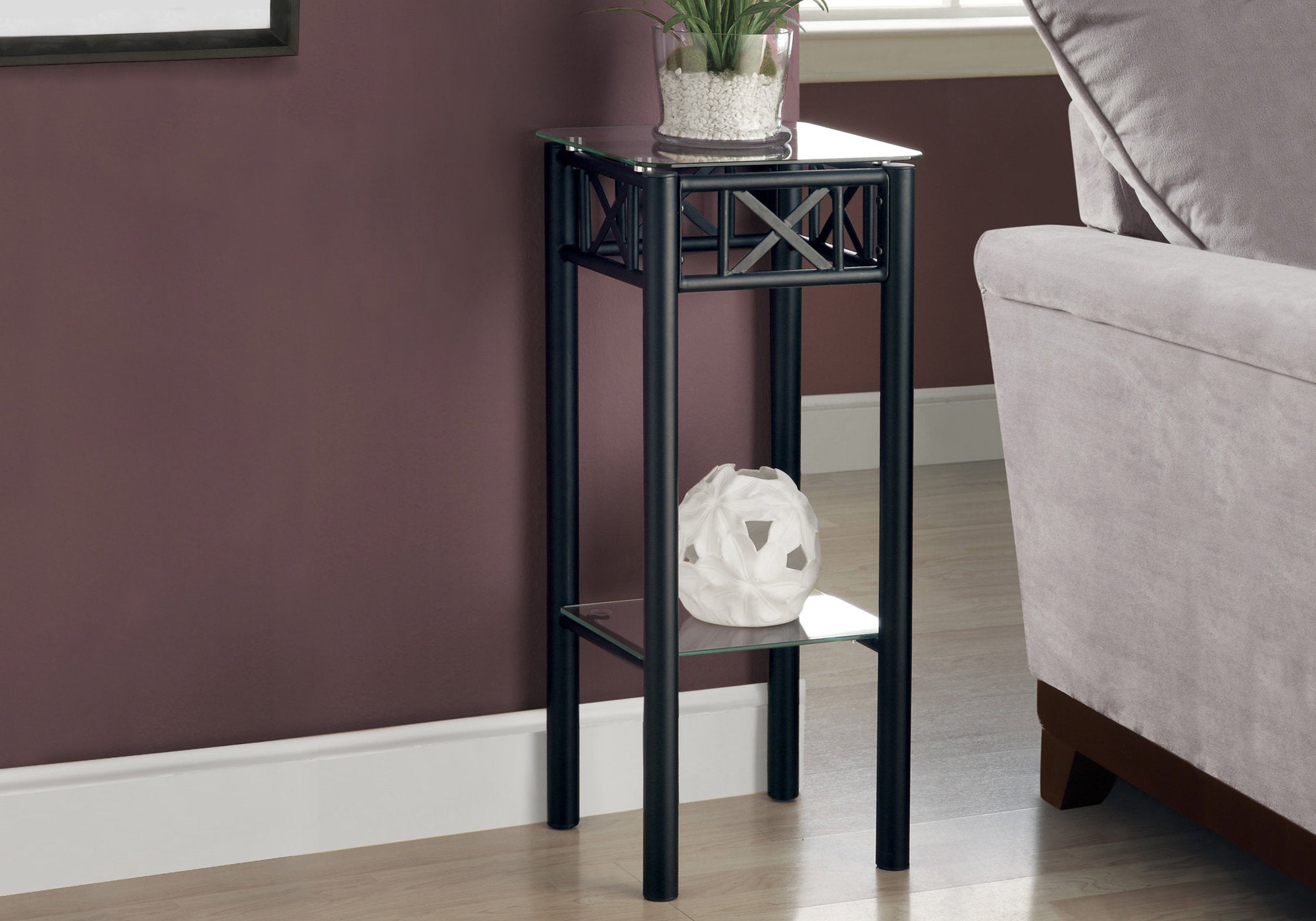 Modern Black Metal Accent Table with Tempered Glass Top - Stylish Side Table for Living Room, Bedroom or Office Decor