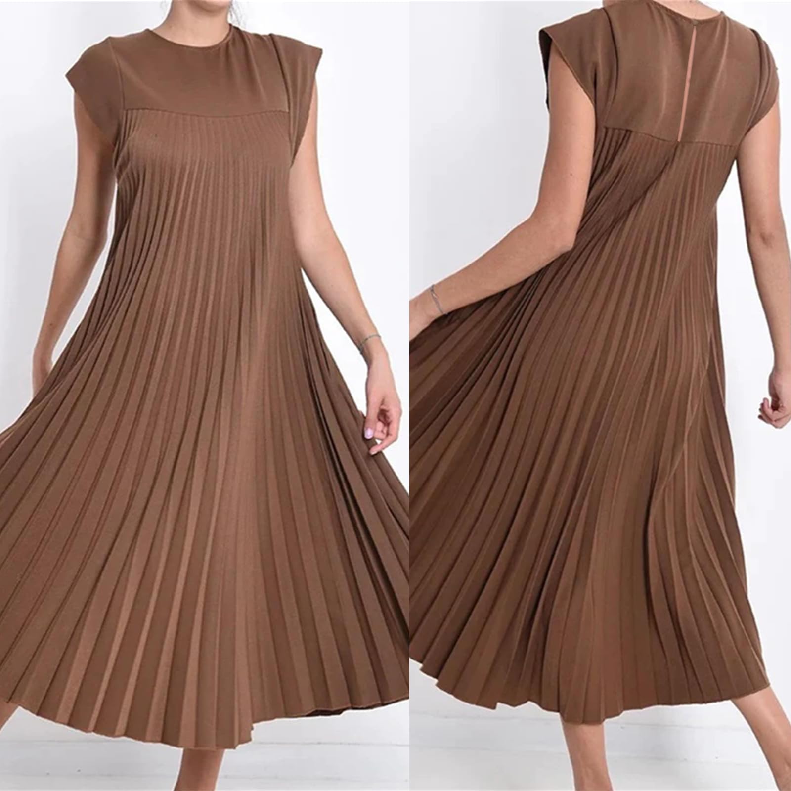 Women's Summer Short Sleeve Maxi Dress 2025 - Flowy Pleated Casual Long Dress with Pockets | Beach Cover Up, Vacation Outfit, Boho Chic Dress for Outdoor Activities