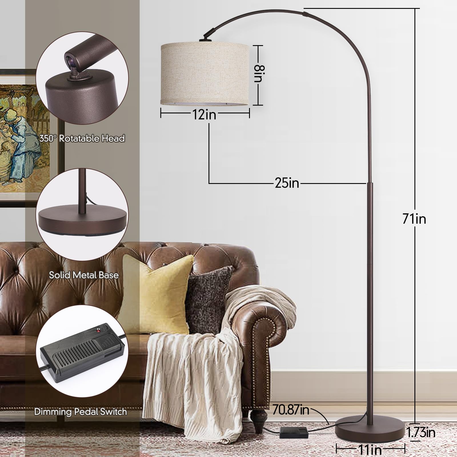 Dimmable Arc Floor Lamp - Adjustable Farmhouse Standing Lamp with Hanging Shade, 9W LED Bulb Included - Mid Century Modern Tall Pole Lamp for Living Room, Bedroom & Over Couch - Perfect for Reading Nook, Home Office & Cozy Farmhouse Decor