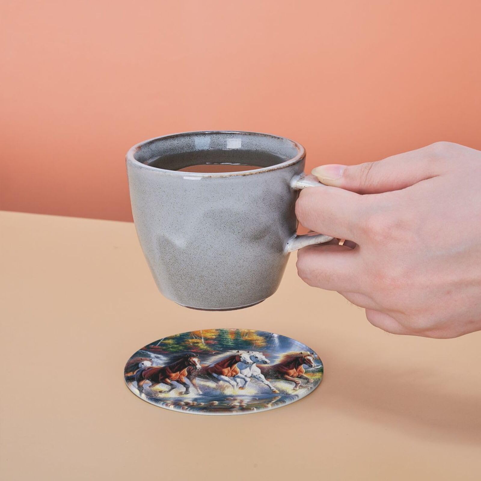Native American Indian Horse Design Coasters with Holder - Set of 6 Non-Slip Drink Coasters for Coffee Cups, Mugs, and Glasses - Perfect for Home, Office, and Restaurant Use