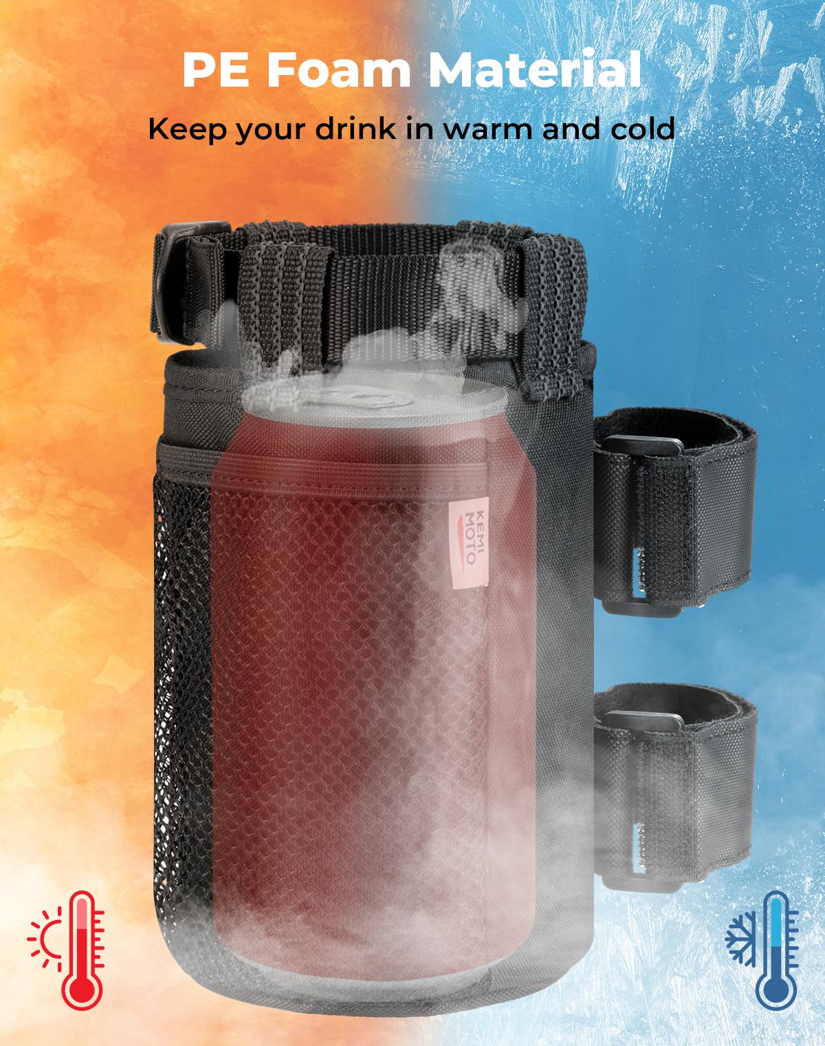 KEMIMOTO 2 Pack Roll Bar Cup Holder with Mesh Pockets & Sticky Straps - Universal for UTV, Wheelchair, Scooter, Walker, Rollator, Bike, Golf Cart & Boat - Perfect for Outdoor Activities, Travel & Daily Use