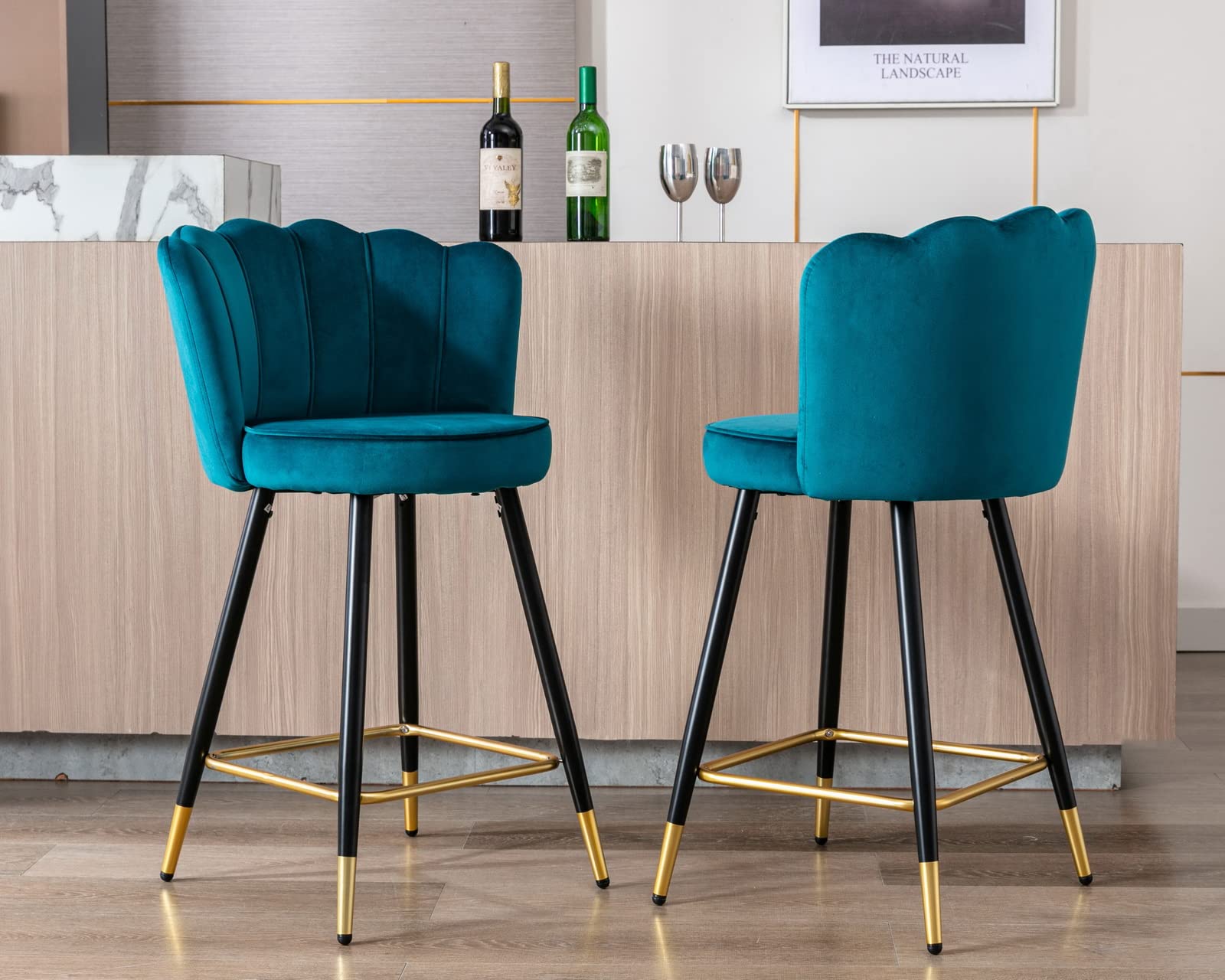 CIMOTA Set of 2 Modern Velvet Bar Stools 26 Inch Height with Footrest & Petal Back - Comfy Kitchen Counter Stools for Dining Room, Home Bar & Breakfast Nook - Teal Blue Barstools for Small Spaces & Apartment Living