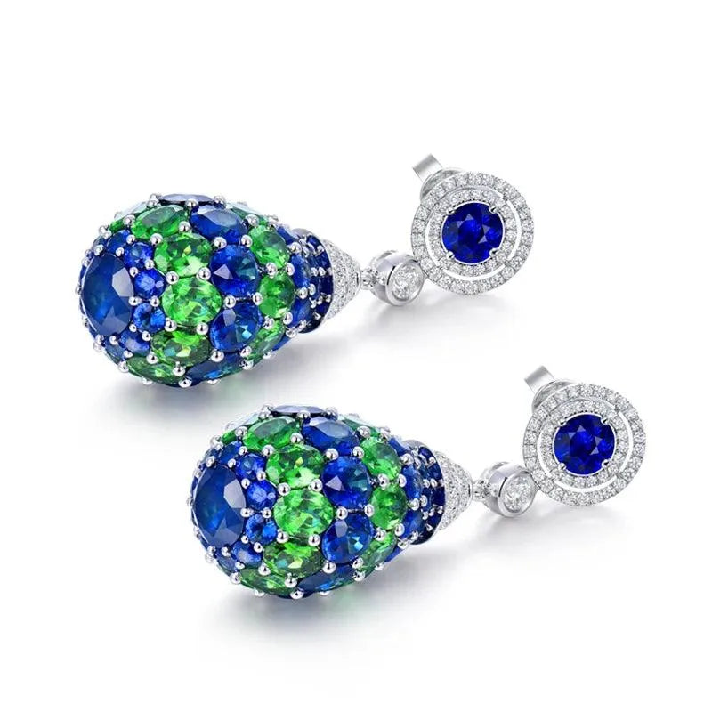 LOVERJEWELRY 18K White Gold Blue Sapphire & Tsavorite Diamond Drop Earrings for Women | Luxury Wedding & Party Jewelry | Elegant Evening Wear & Special Occasion Gift