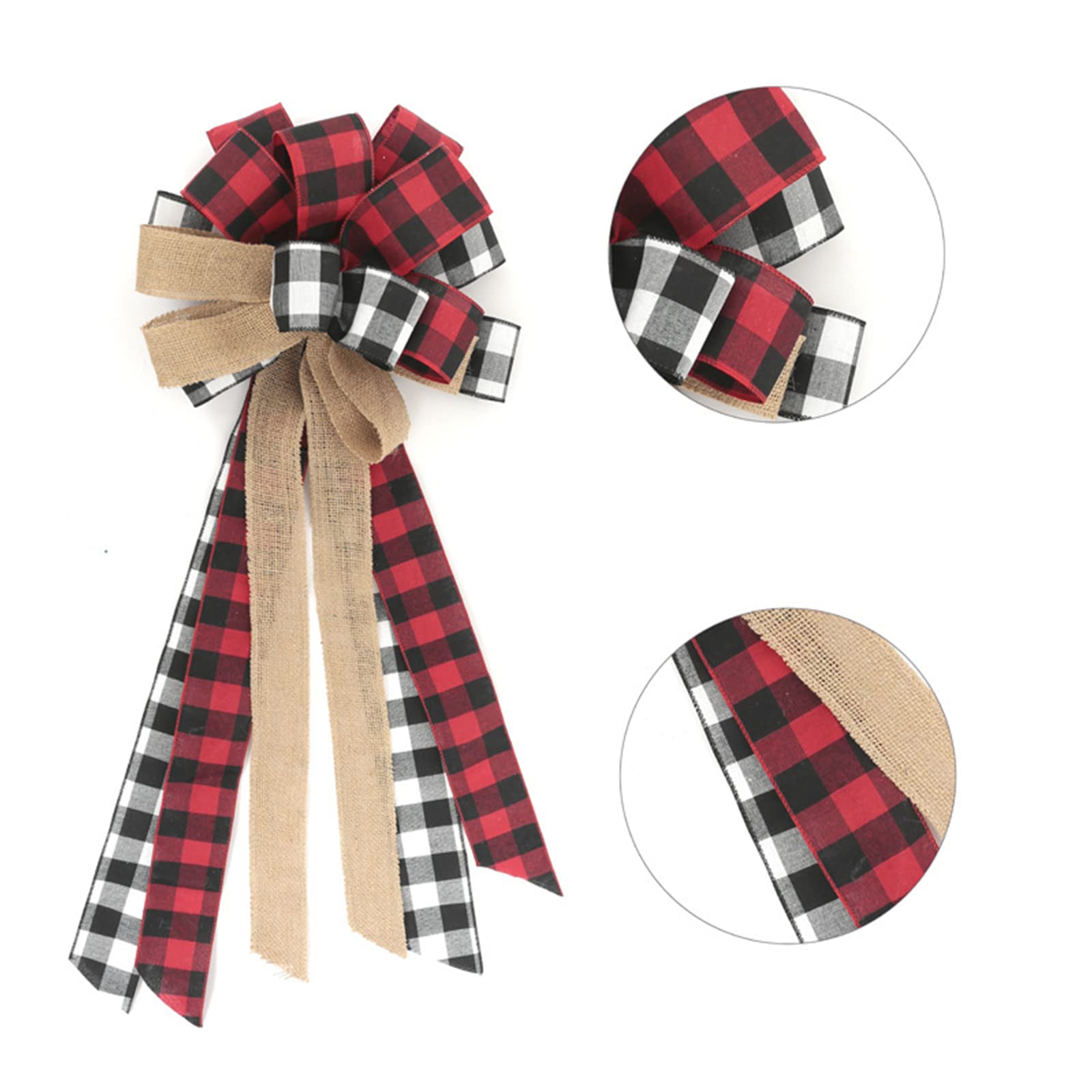 Red and Black Buffalo Plaid Christmas Tree Topper Bow with Streamers - Rustic Burlap Wreath Bow for Farmhouse Holiday Decor, Xmas Tree Topper, Christmas Party & Home Decoration (Red Plaid) - Perfect for Fireplace Mantels, Front Door Wreaths & Festive Tablescapes
