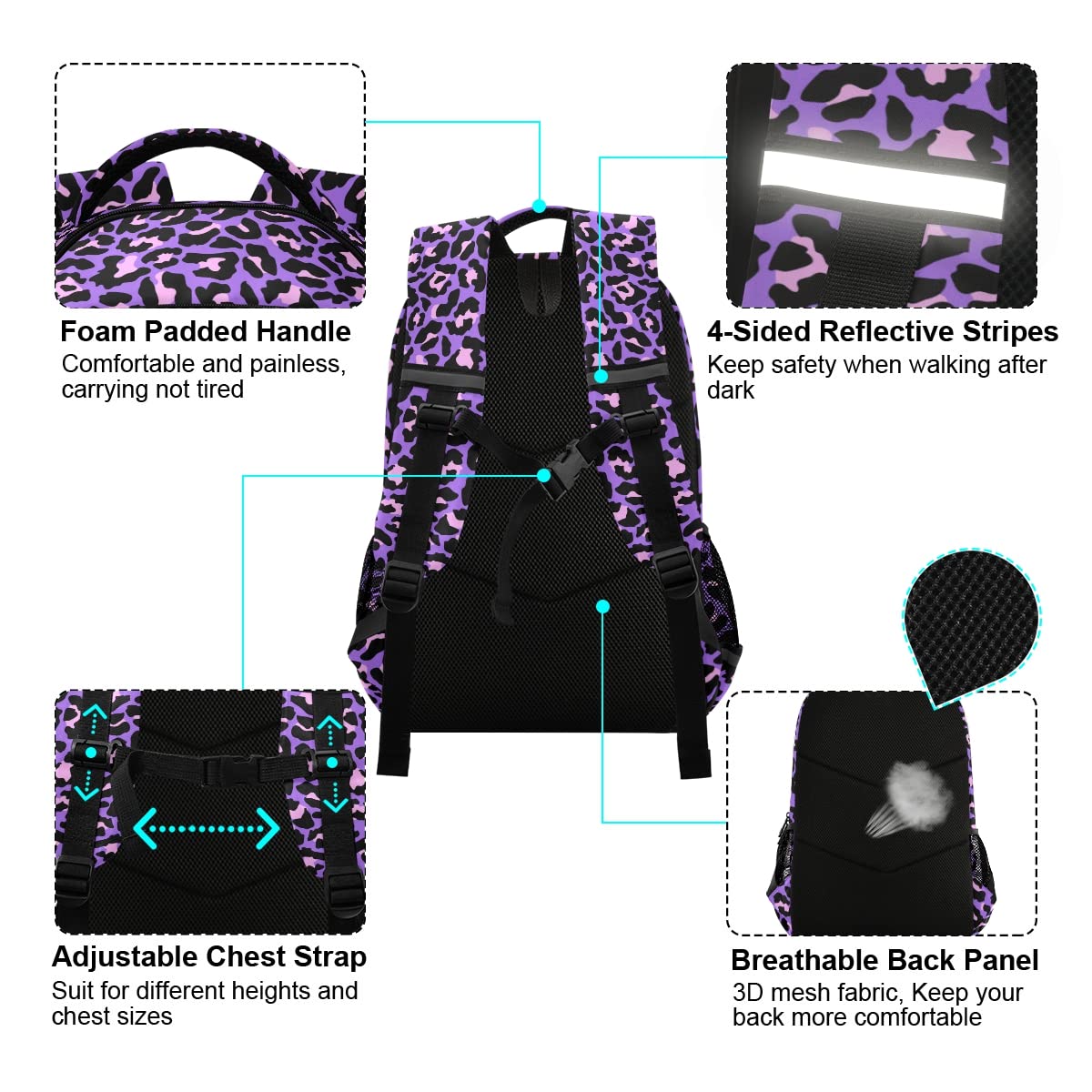 MNSRUU Neon Purple Pink Leopard Print Laptop Backpack with Chest Strap - Waterproof School Backpack for Boys & Girls, Lightweight Travel Hiking Rucksack for College, Work, Gym & Outdoor Adventures