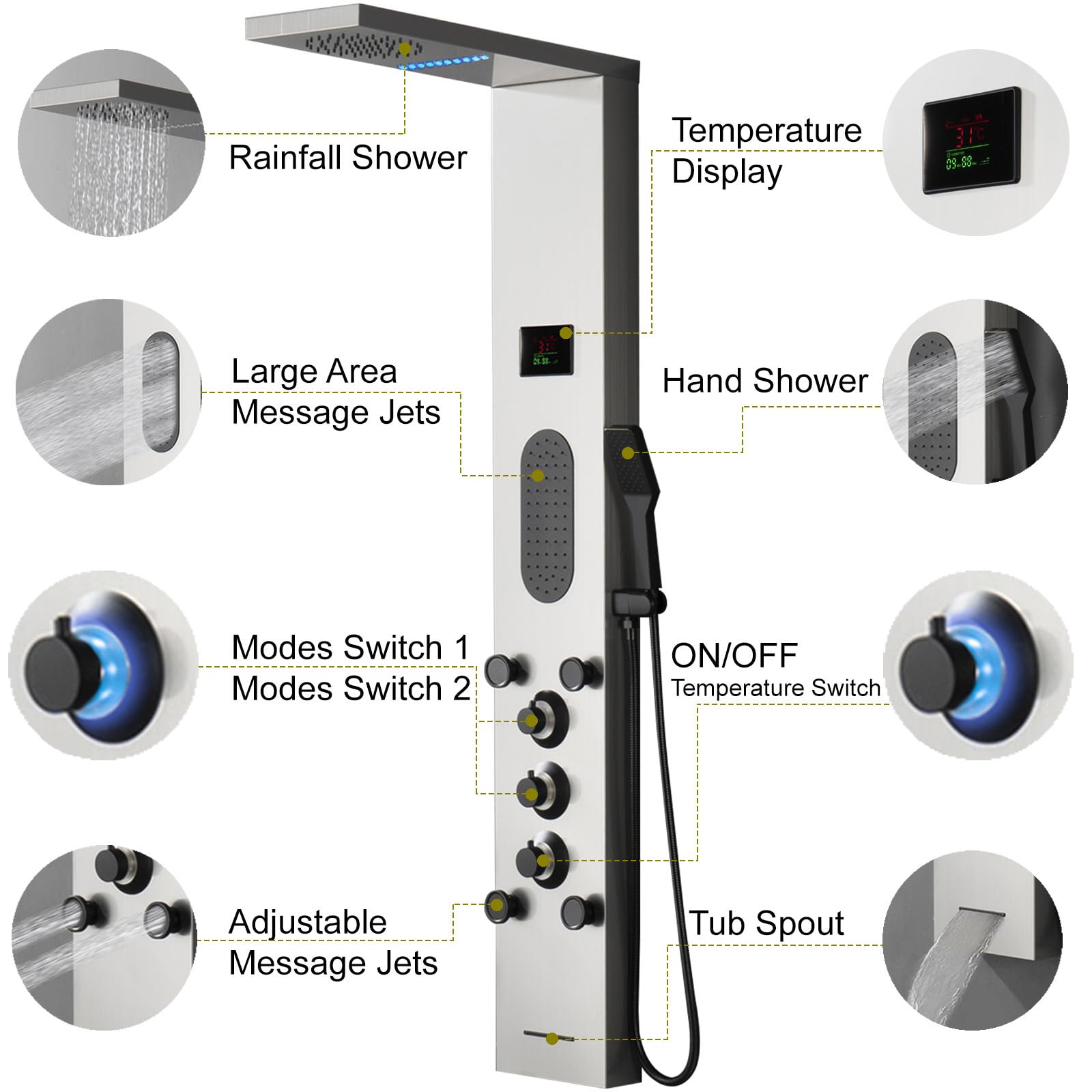 LED Shower Wall Panels with Rainfall Shower Head | Large Body Jet Massage System | Temperature Display & Adjustable Jets | Includes Tub Spout & Hand Shower in Brushed Nickel Finish | Perfect for Spa-Like Bathroom Renovations & Luxury Shower Experiences