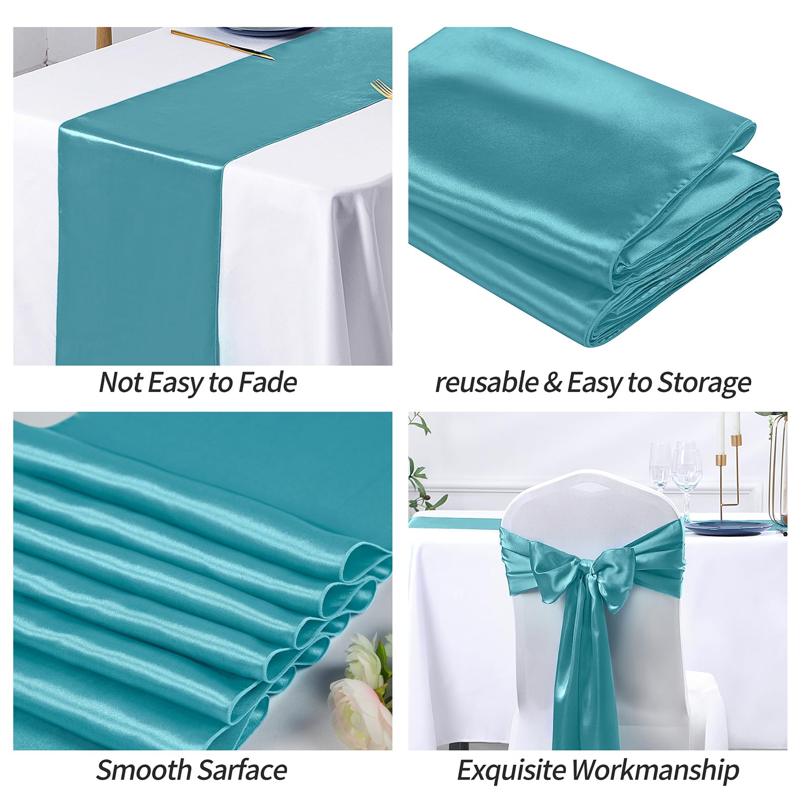 4-Piece Turquoise Satin Table Runner Set - 12x108 Inches Long Smooth Wedding Table Decor for Birthday Parties, Buffet, Banquets, Graduations & Engagements - Perfect for Elegant Dining & Special Event Decorations