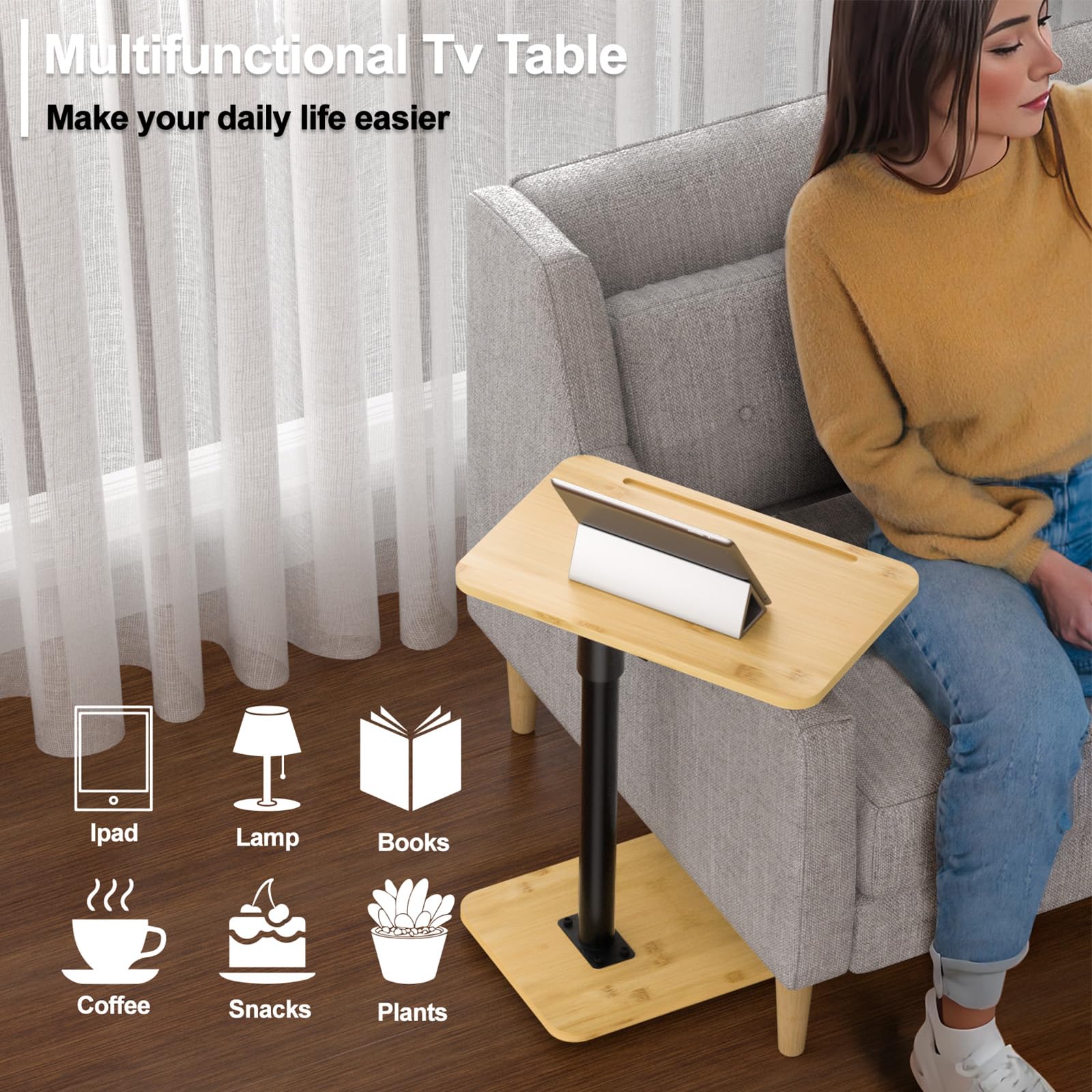 360° Swivel Adjustable Height Sofa Armrest Tray Table - Multi-Functional Side Table with Phone & Tablet Slots for Bed, Chair, or Small Spaces - Perfect for Watching TV, Working, or Dining in Bed