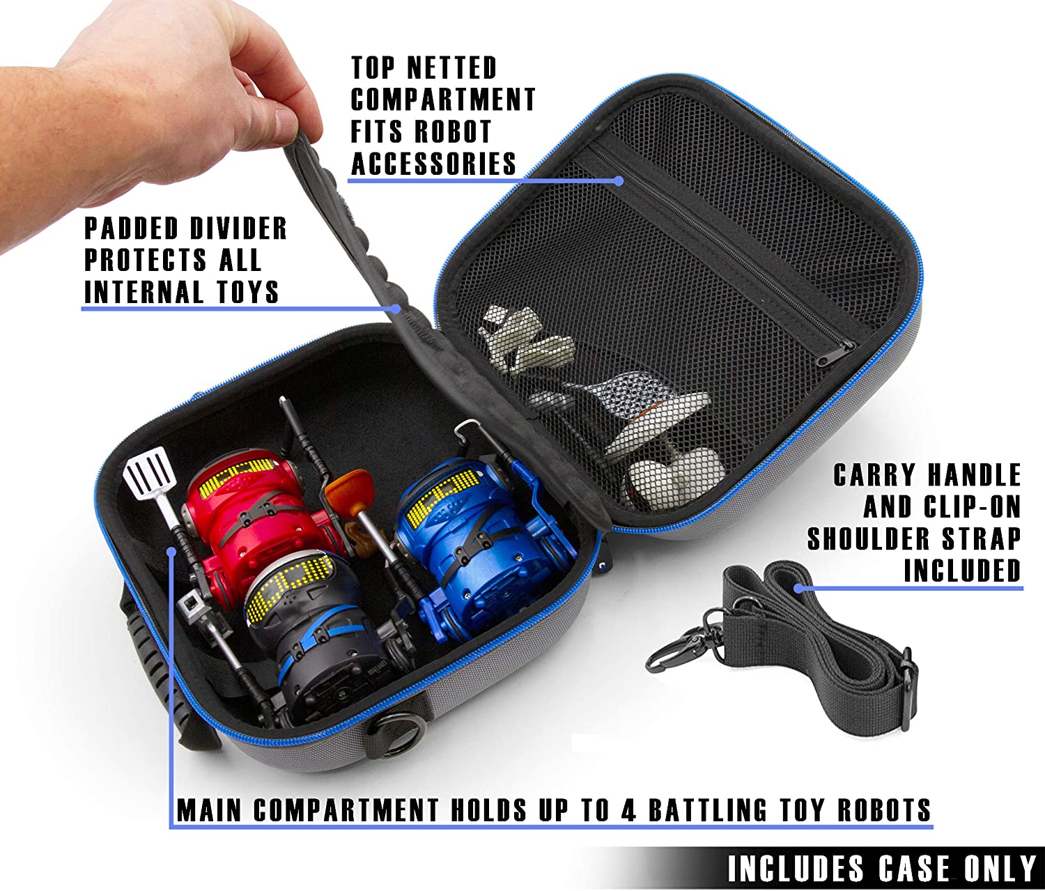 CASEMATIX Toy Storage Travel Case with Shoulder Strap - Holds 4 Ninja Bots Interactive Battle Robots & Accessories (Case Only) - Perfect for Kids Travel, Playdates & Toy Organization