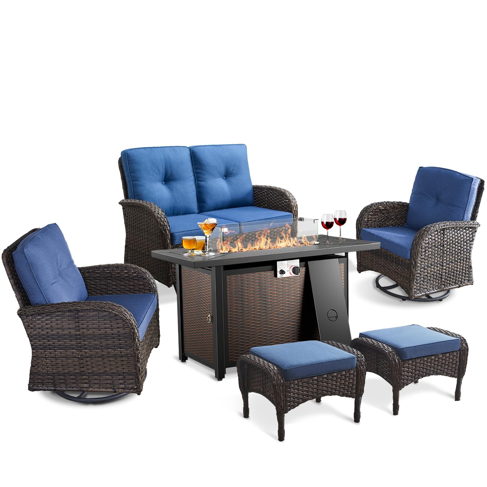 HUMMUH 7-Piece Patio Furniture Set with Fire Pit - Outdoor Wicker Glider Loveseat & Swivel Rocking Chairs with Ottomans - Perfect for Backyard, Poolside, Deck, Garden & Outdoor Entertaining