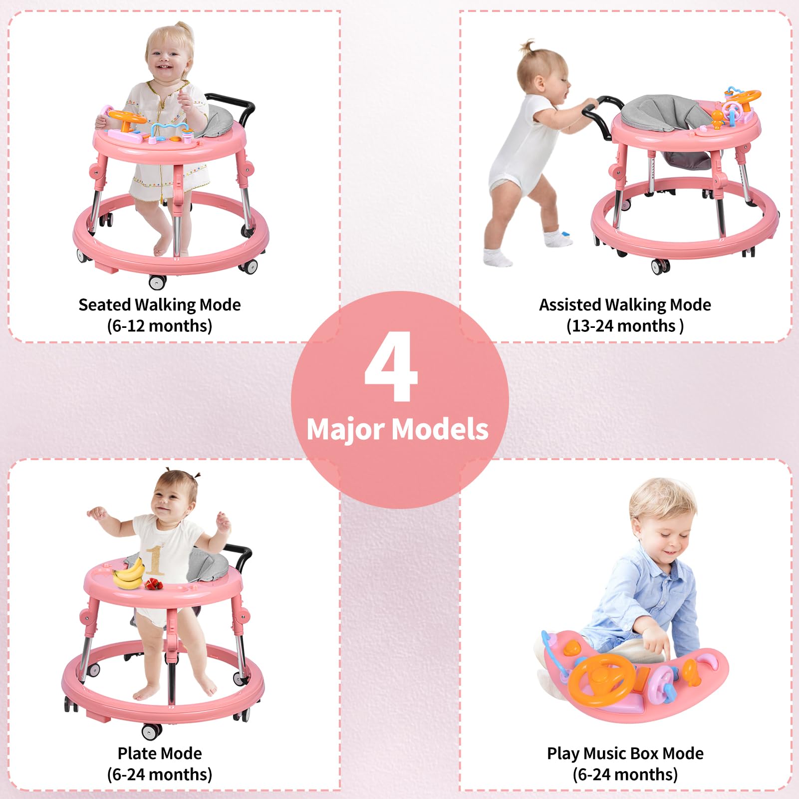 Foldable 9-Speed Adjustable Baby Walker with Wheels & Music - Anti-Fall Infant Activity Center with Foot Pads for Boys & Girls 6-24 Months | Perfect for Learning to Walk & Indoor Playtime