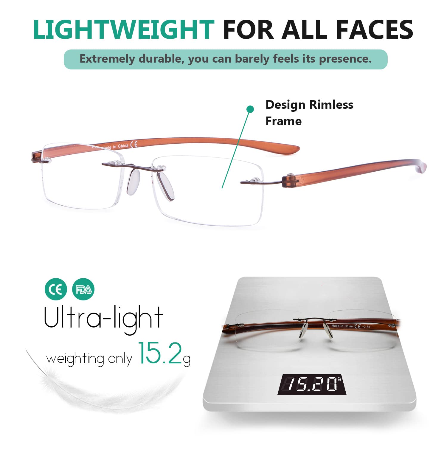 Eyekepper Rimless Reading Glasses for Men & Women - Small Lens Lightweight Readers for Computer, Book, and Close Work Use