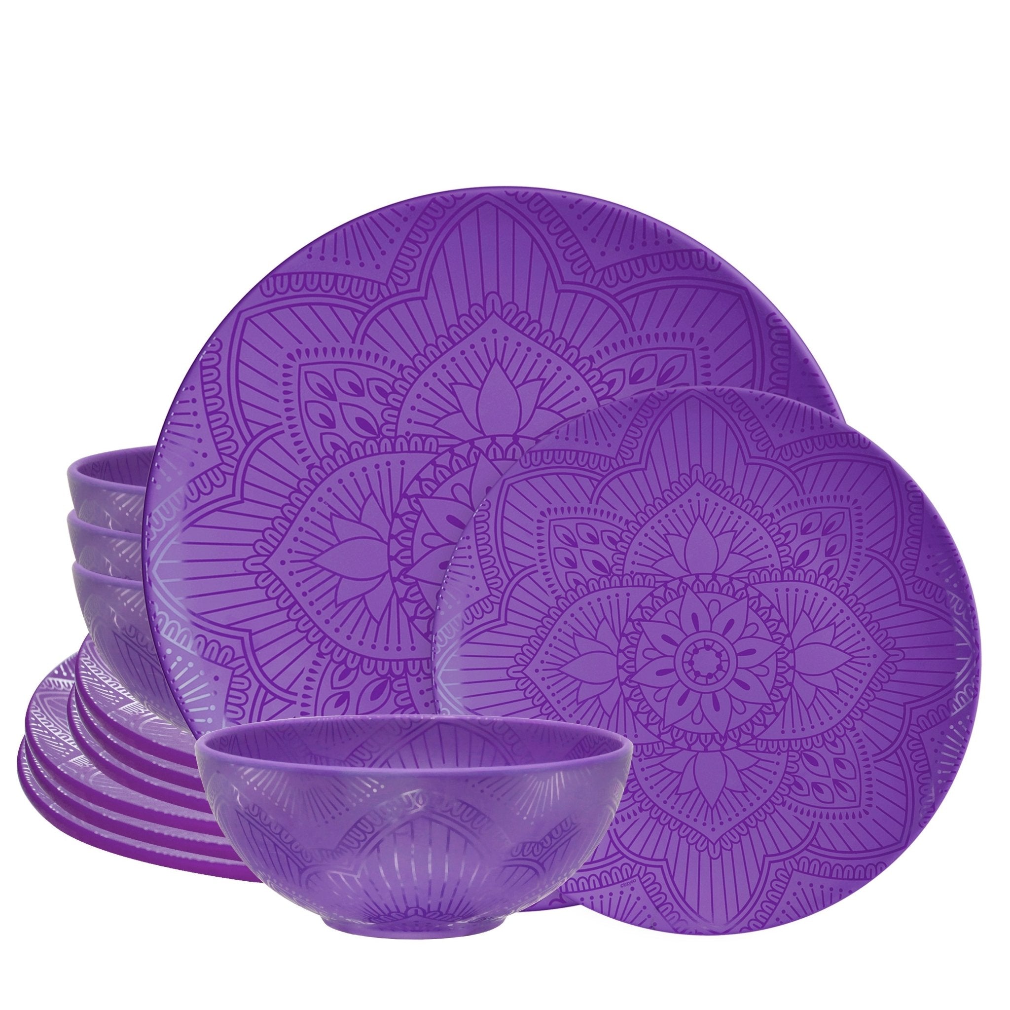 12-Piece La La Mandala Melamine Dinner Plate Set - Durable Purple Plates for Outdoor Picnics, Parties & Home Decor