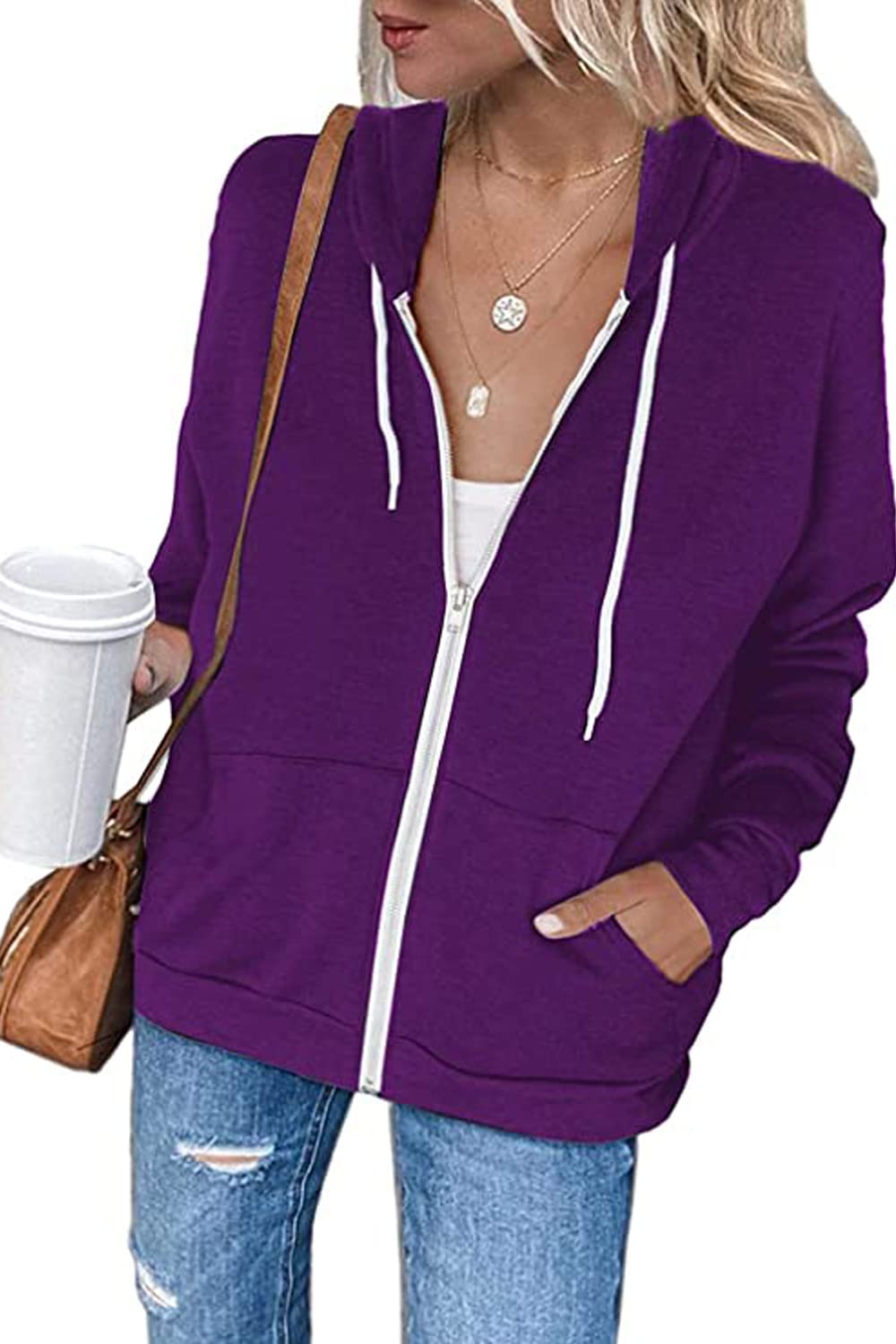 Necooer Women's Plain Zipper Hoodie Jacket with Pockets - Casual Pullover Sweatshirt for Everyday Wear, Gym, and Outdoor Activities
