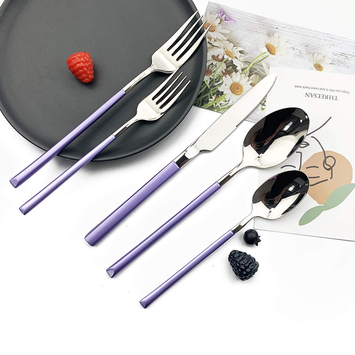 JASHII 5-Piece Modern Silverware Set - 18/10 Stainless Steel Flatware with Square Edge - Elegant Mirror Polished & Dishwasher Safe Kitchen Utensils for 1 (Purple Silver) - Perfect for Dining, Gifts & Home Decor