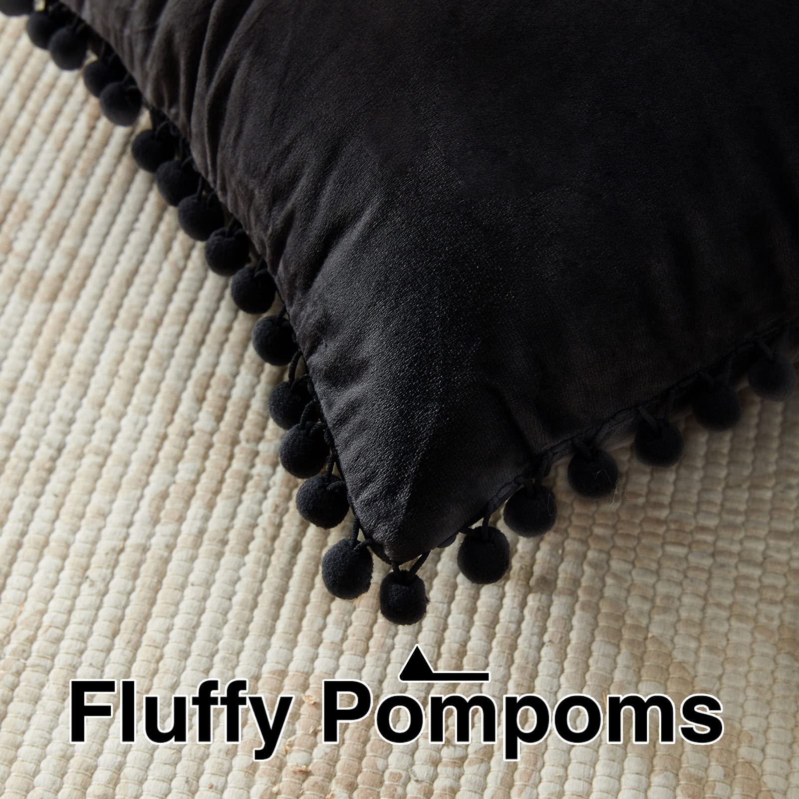 Luxury Velvet Decorative Throw Pillow Covers 20x20 Inch - Soft Black Pillow Cases with Pom Poms, Set of 2 for Couch, Bed, Sofa - Boho Chic Home Decor for Living Room, Bedroom & Office - Perfect for Spring, Easter & Cozy Home Styling