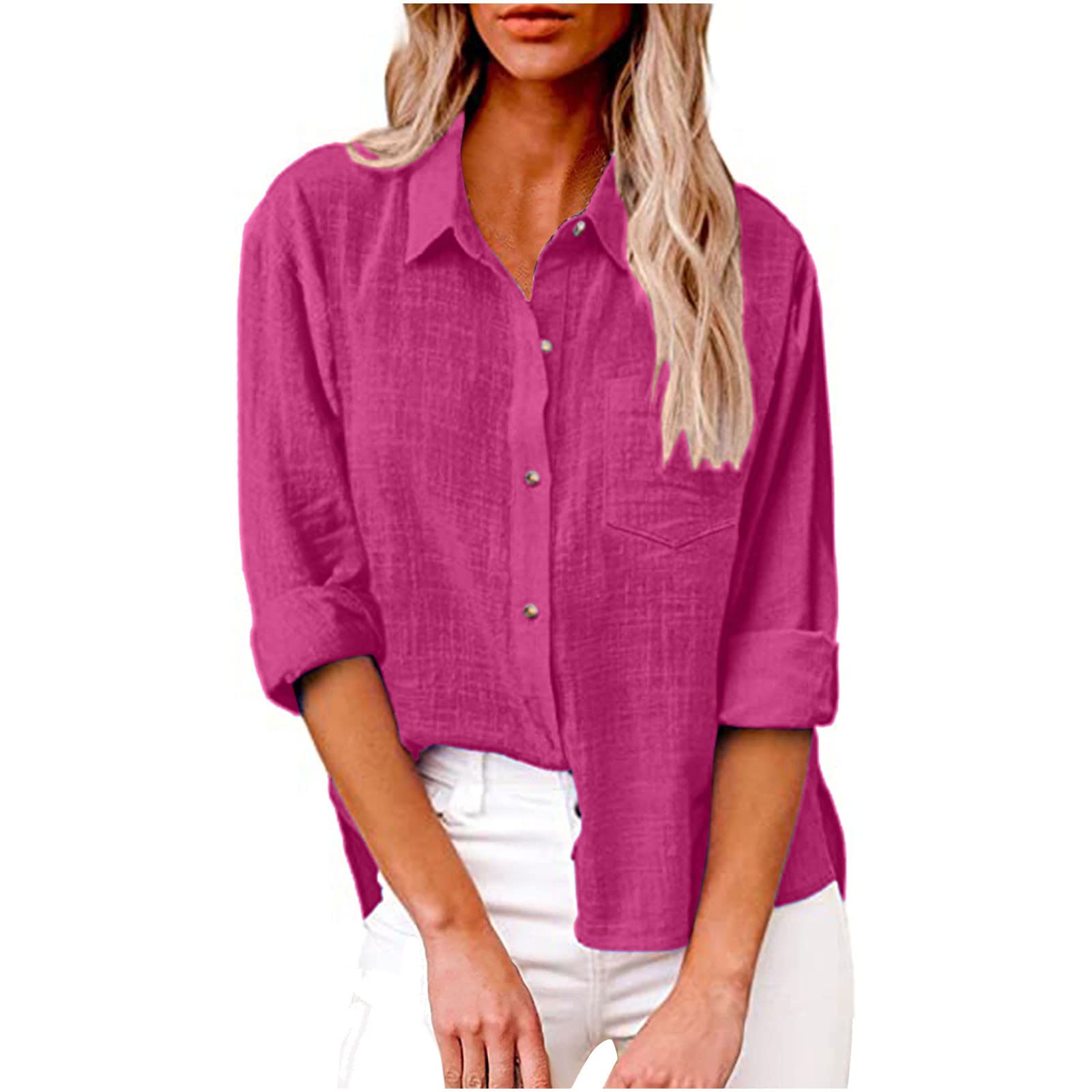 Women's Long Sleeve Linen Blouse with One Button Lapel - Elegant Work & Casual Slim Fit Cotton Top for Office, Date Night and Everyday Wear