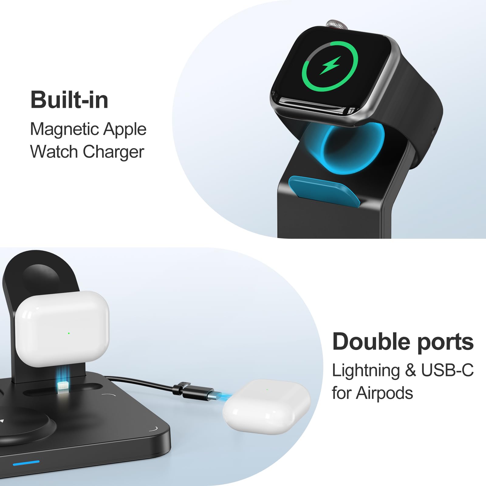 ANJANK 3-in-1 Wireless Charging Station with Alarm Clock, 7-Color Night Light & MagSafe Charger for iPhone 16/15/14/13/12/11 Pro Max Plus, Apple Watch 10/9/8/7/Ultra/SE & AirPods - Perfect for Bedside, Office & Travel Charging