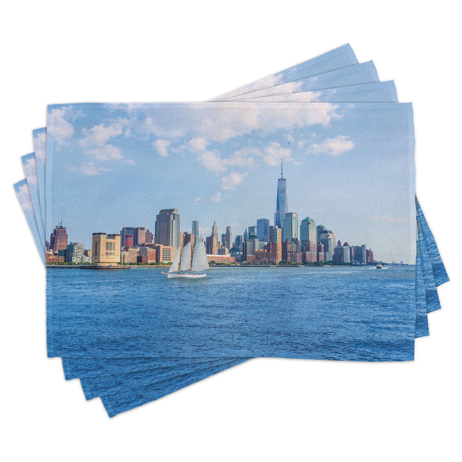 Ambesonne 4-Piece Sailboat Placemats Set - New York Skyline Photography with Sunshine & Skyscrapers - Washable Fabric Table Mats for Dining Room & Kitchen Decor in Blue Grey - Perfect for Beach House, Nautical Theme or Modern Home Decor