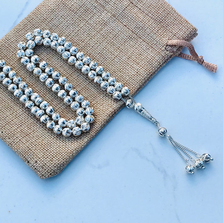 925 Pure Silver Tasbih Prayer Beads - 6mm 99 Beads Islamic Muslim Rosary for Meditation & Dhikr | Perfect for Daily Worship, Stress Relief & Spiritual Practice