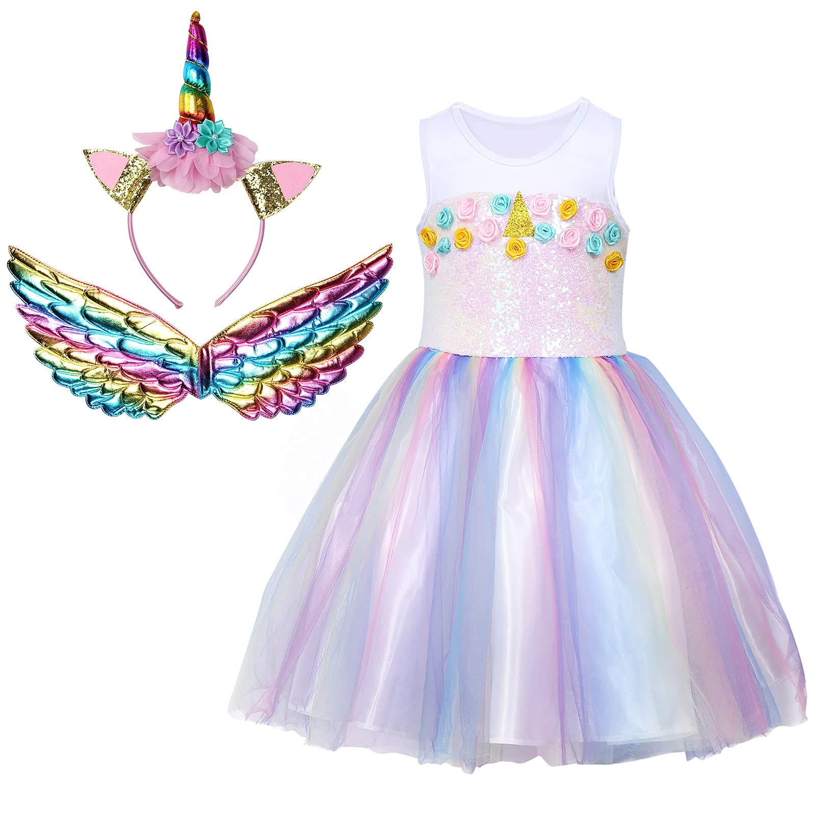 **Halloween Princess Dress Costume for Girls - Sparkly Fairy Tutu Dress with Rainbow Wings & Headband - Perfect for Birthday Party, Dress Up, Halloween & Cosplay**