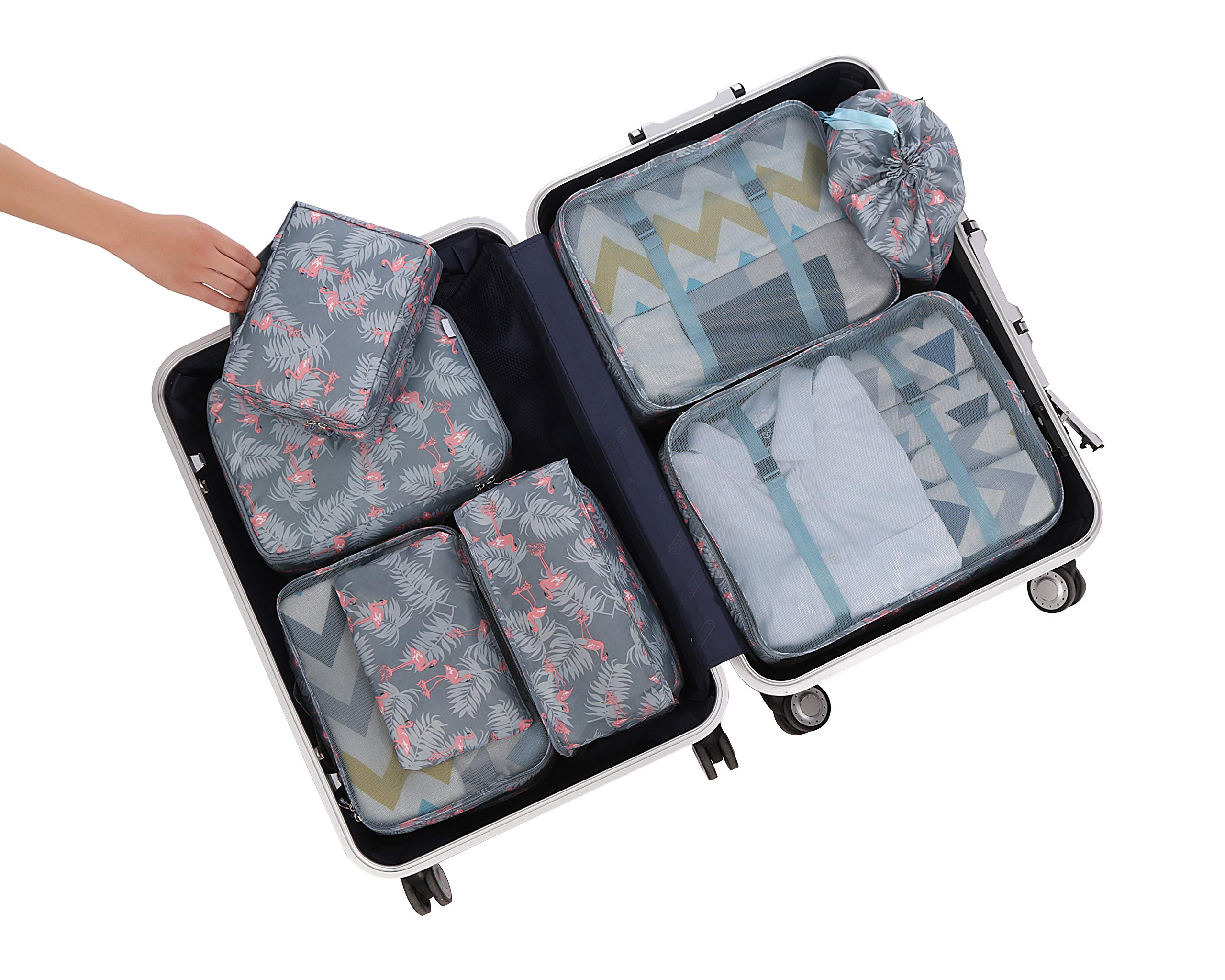 BAGAIL 8 Set Packing Cubes - Travel Luggage Organizers with Compression Zippers (Red Flamingo) - Perfect for Suitcase Organization & Business Trips