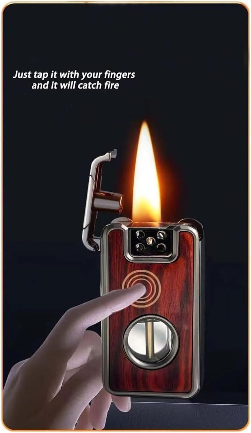 Vintage Windproof Kerosene Lighter with Voice Activation & Wood Inlay - Adjustable Soft Flame, Visible Oil Tank, Reusable Metal Lighter - Perfect Gift for Men, Camping, Hiking & Outdoor Adventures