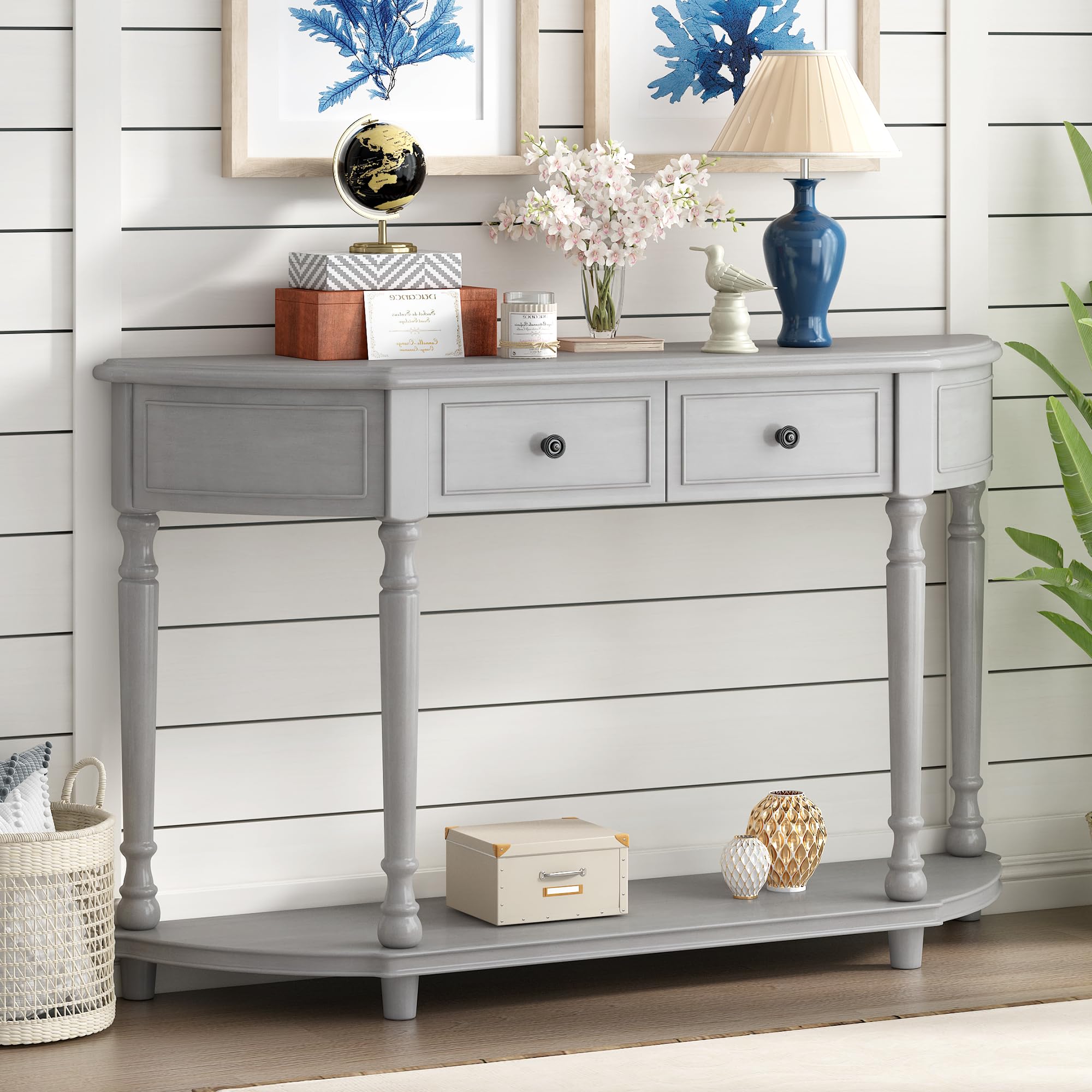 Vintage Solid Wood Console Table with Curved Front Drawer & Shelf - 52